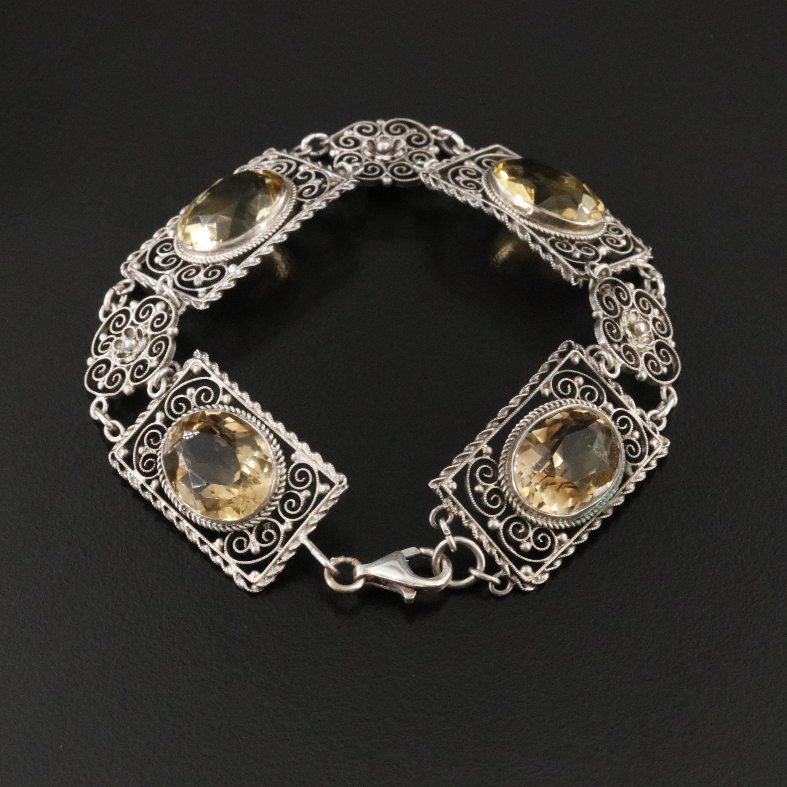 Sterling Citrine Filigree Link Bracelet