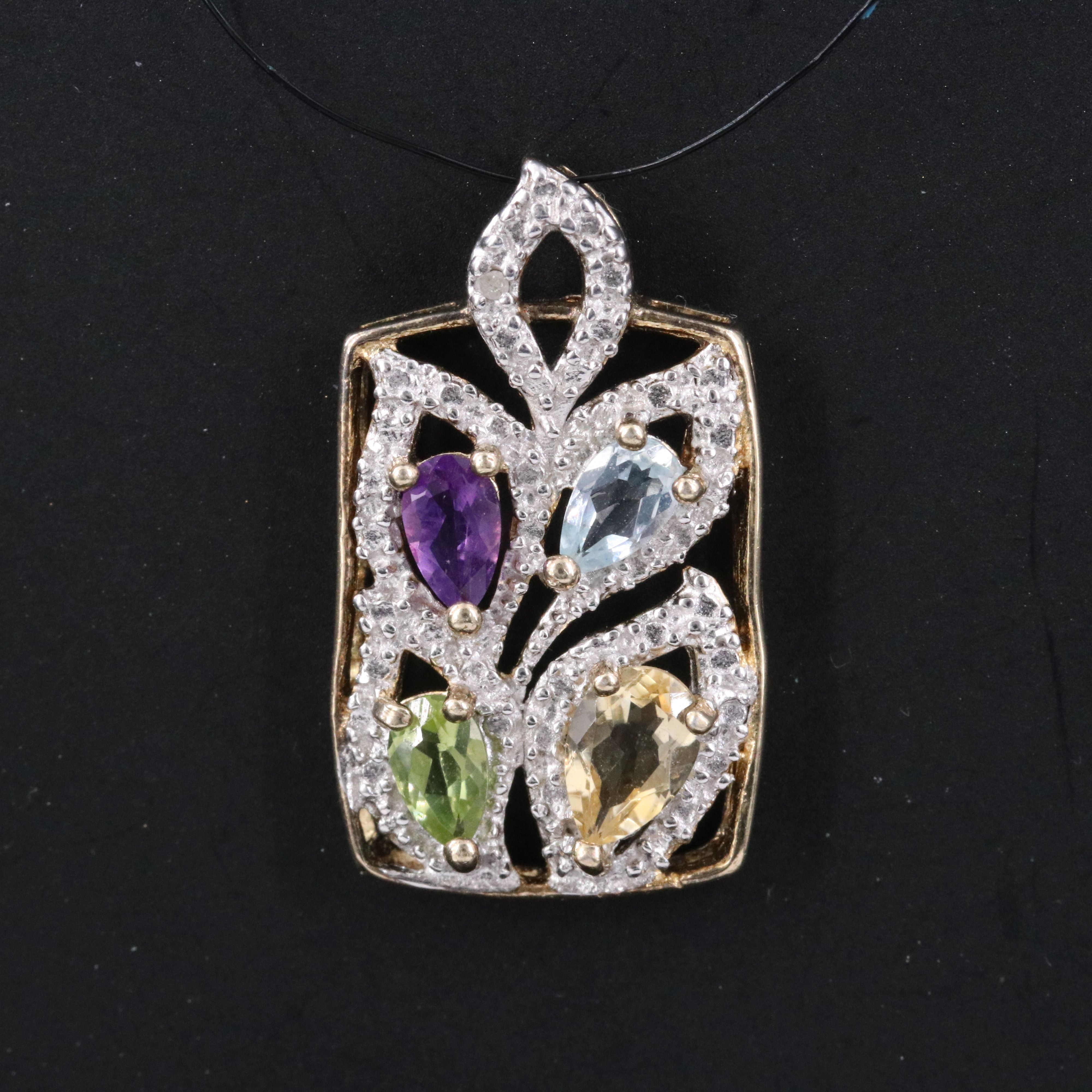 Sterling Amethyst, Topaz and Diamond Pendant