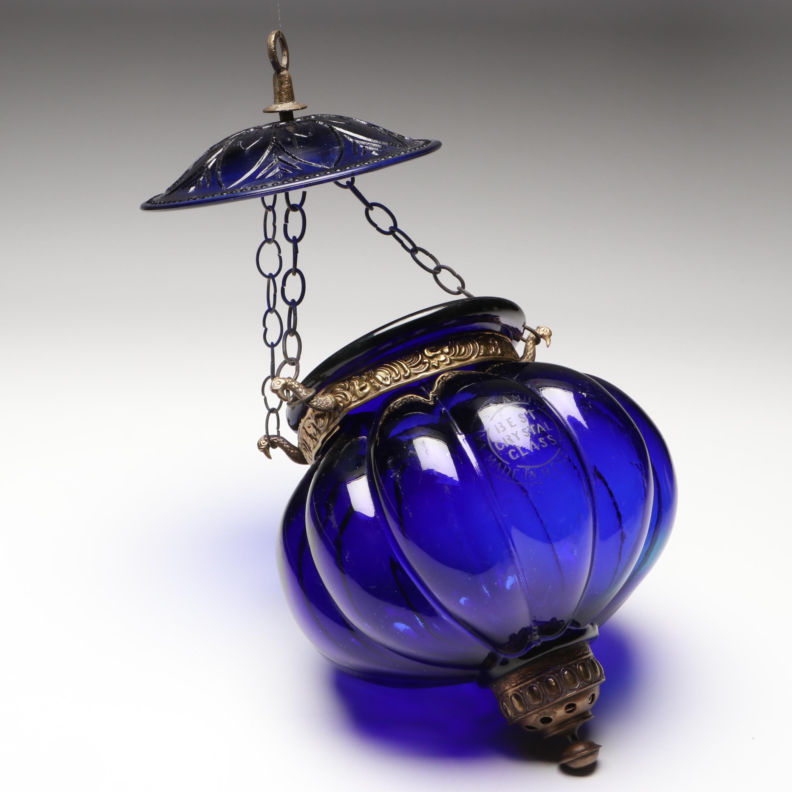 Belgian Val St. Lambert Cobalt Blue Hanging Glass Lantern