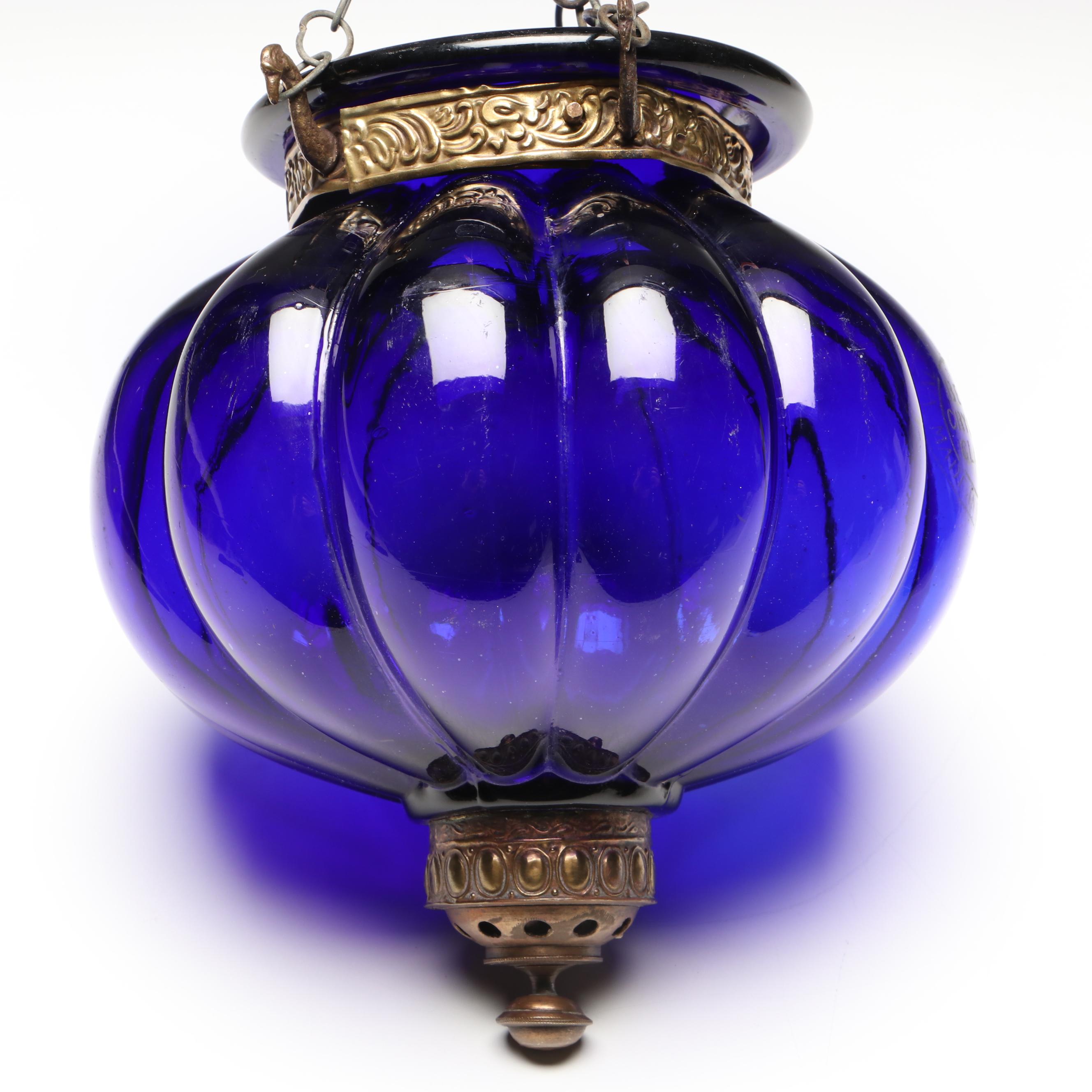 Belgian Val St. Lambert Cobalt Blue Hanging Glass Lantern
