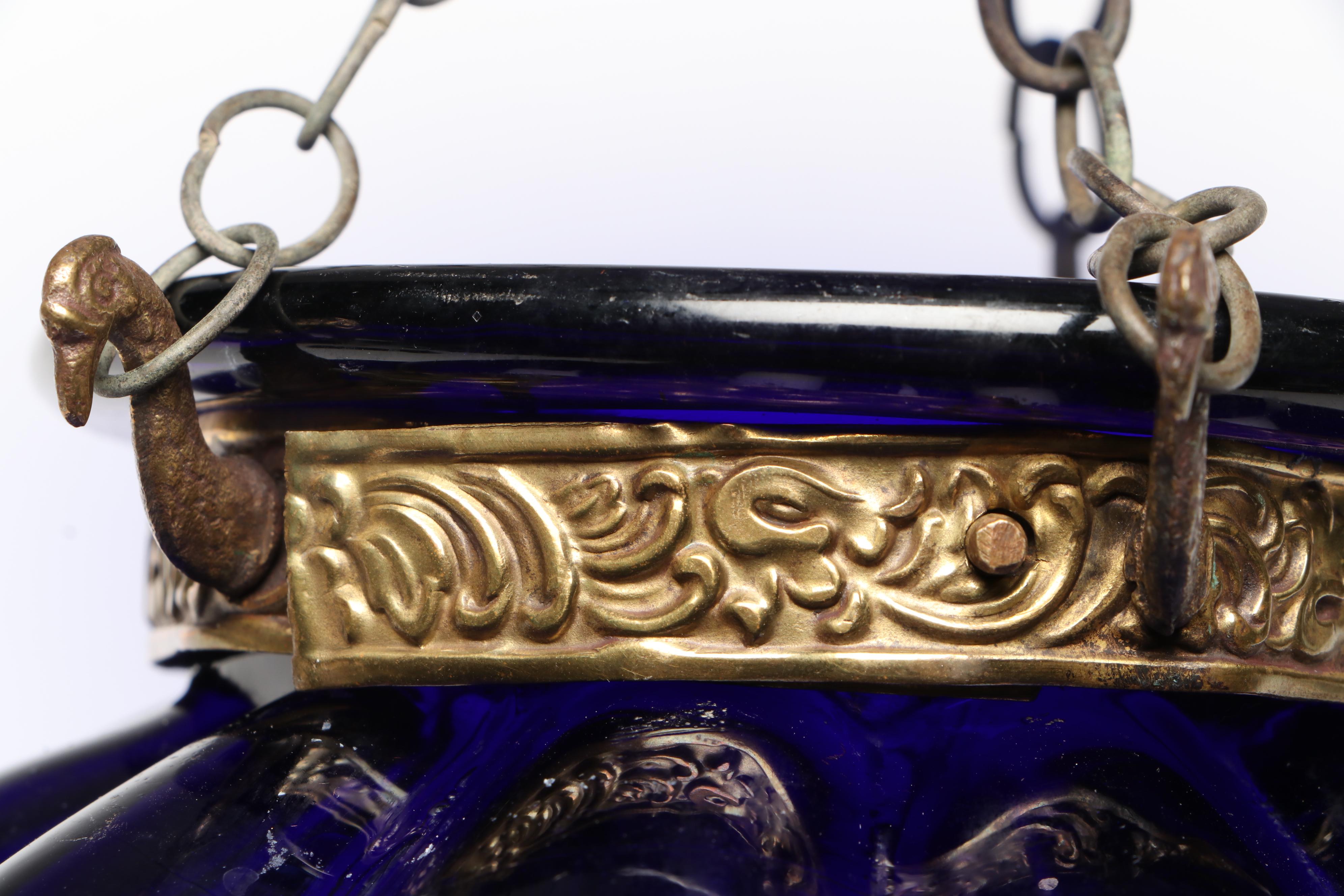 Belgian Val St. Lambert Cobalt Blue Hanging Glass Lantern