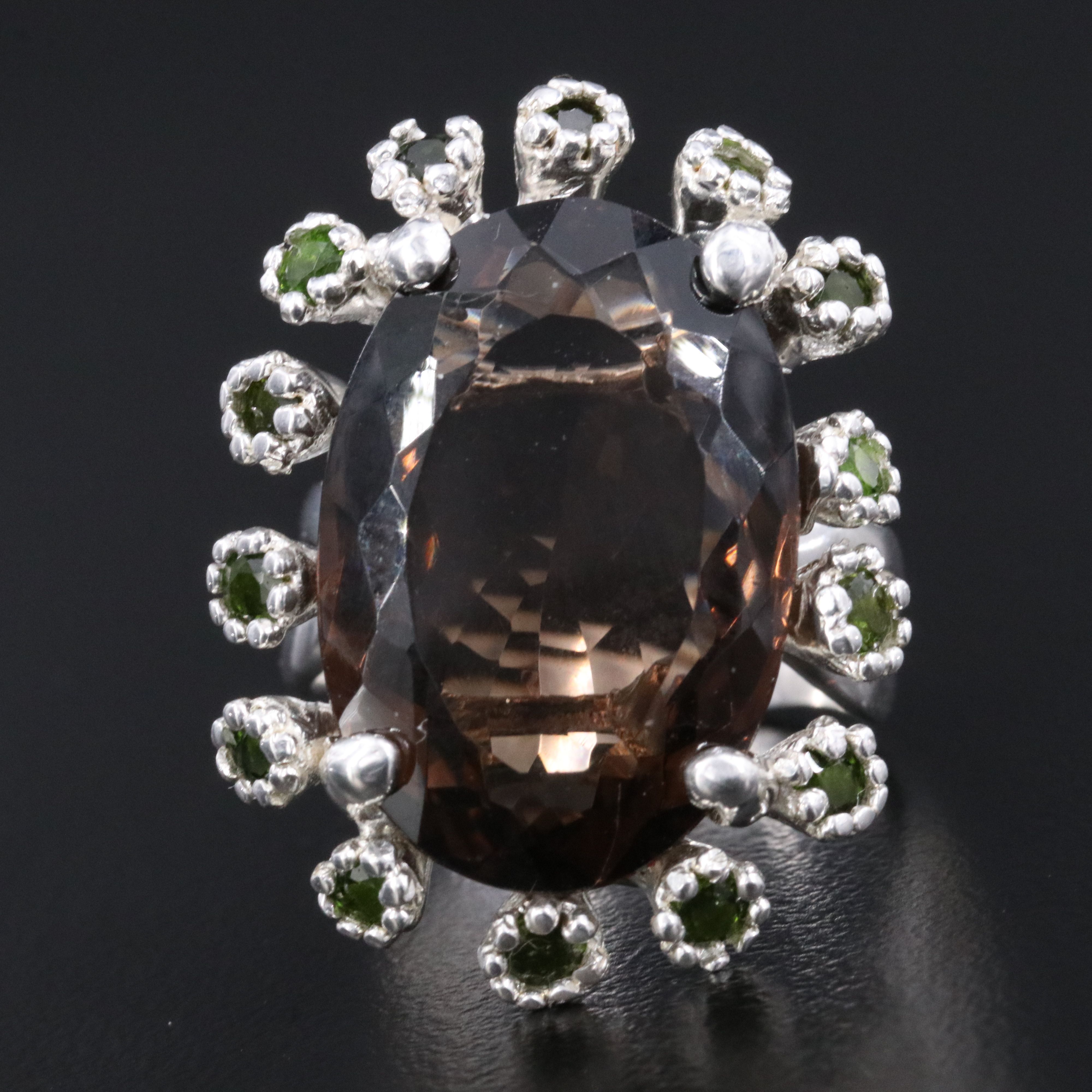 Sterling Smoky Quartz and Diopside Ring