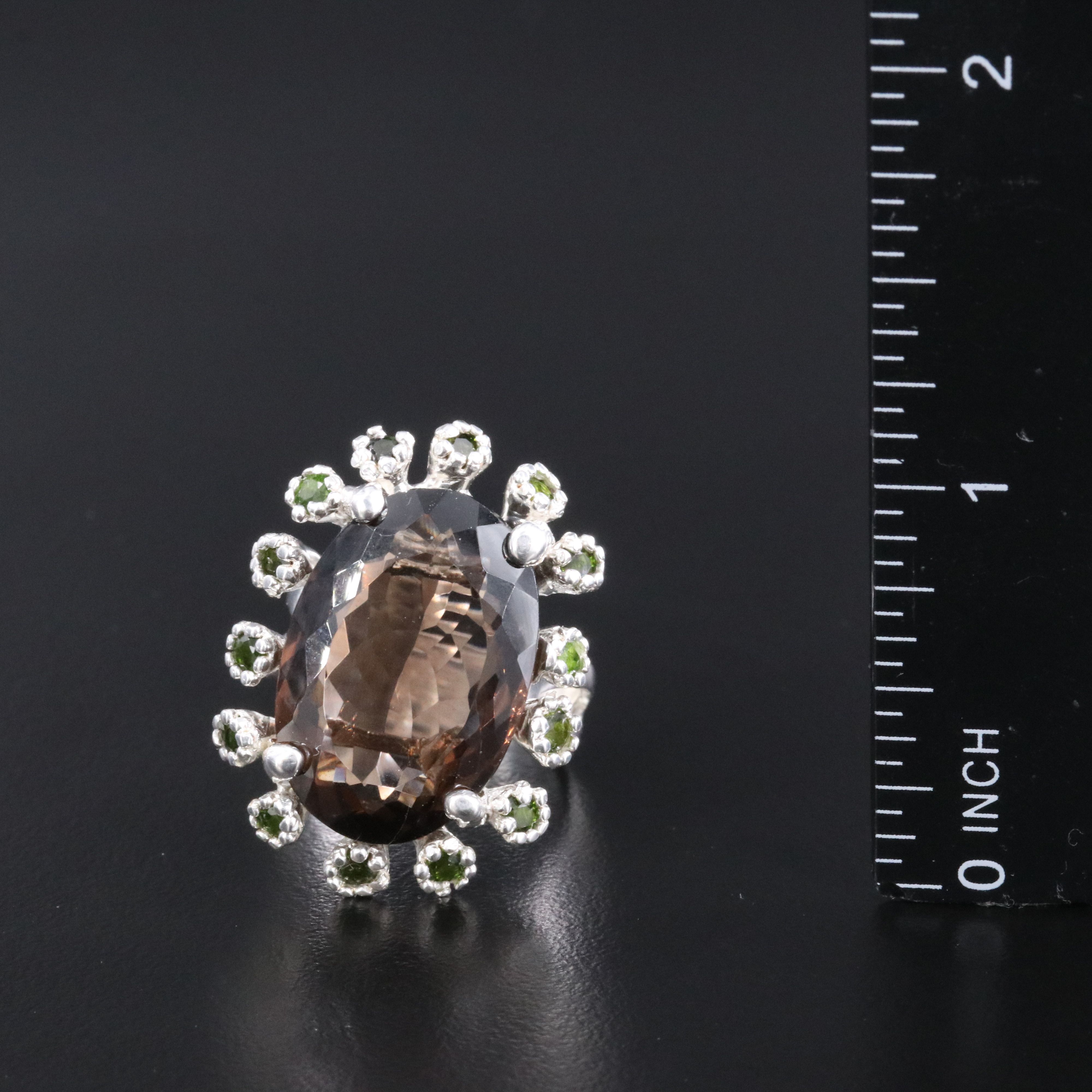 Sterling Smoky Quartz and Diopside Ring