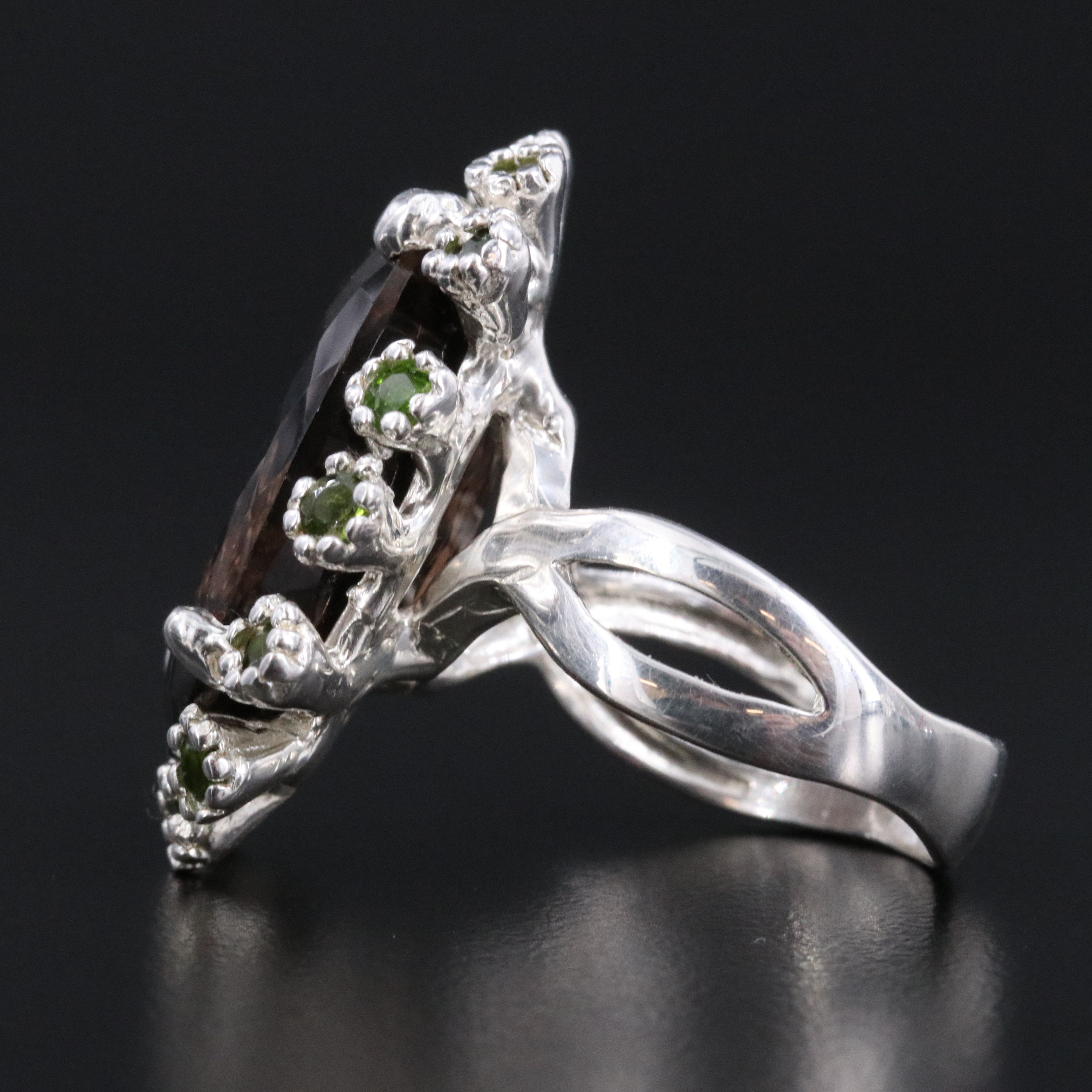 Sterling Smoky Quartz and Diopside Ring