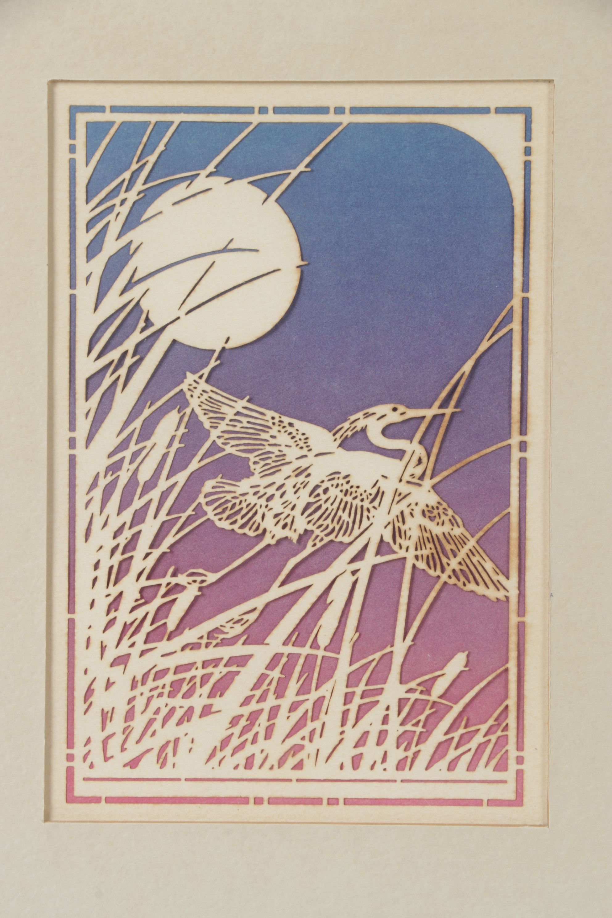 Lasercraft Diptych Papercut Scene of Heron at Sunrise and Sunset, 20th Century