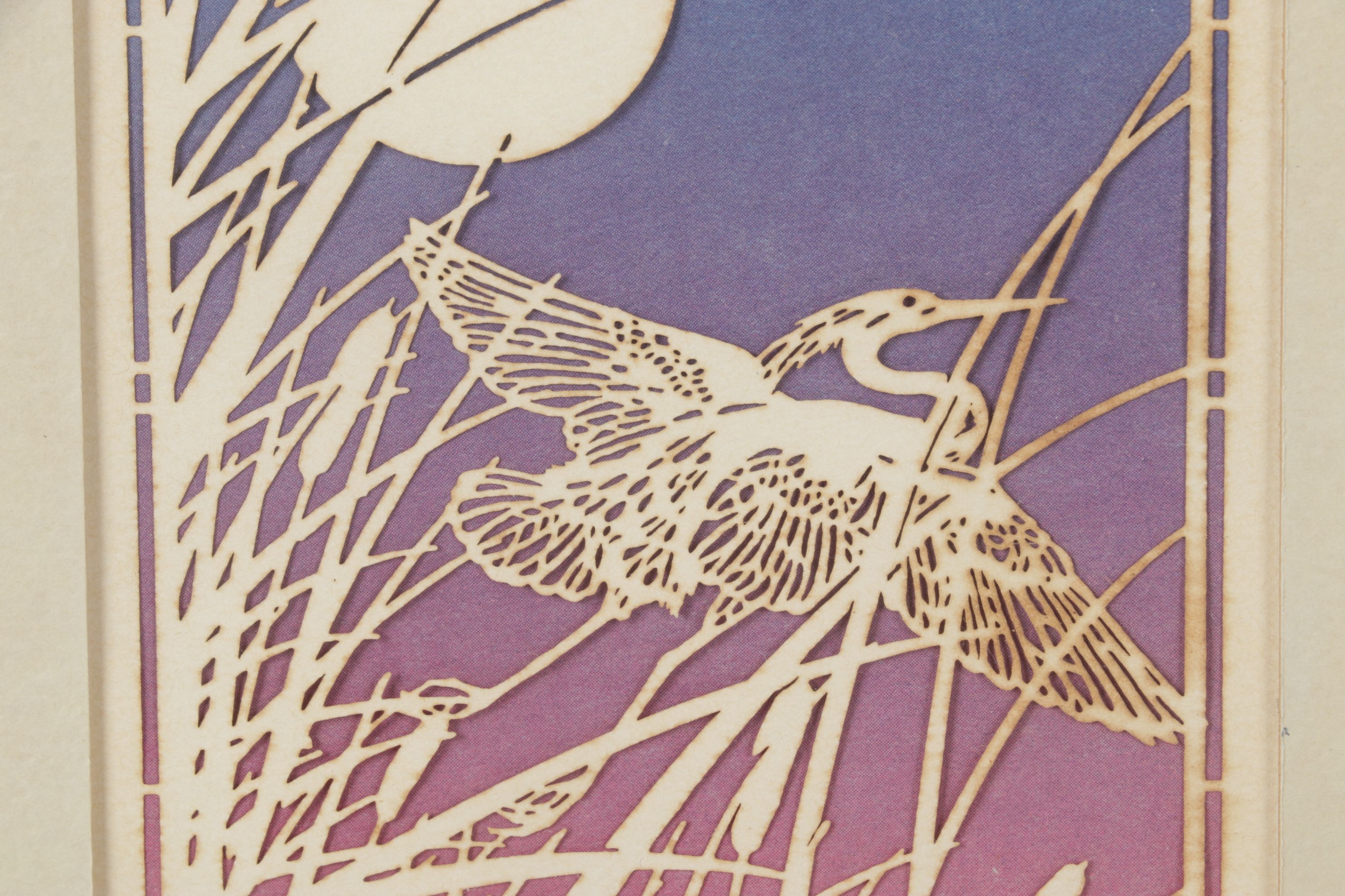 Lasercraft Diptych Papercut Scene of Heron at Sunrise and Sunset, 20th Century