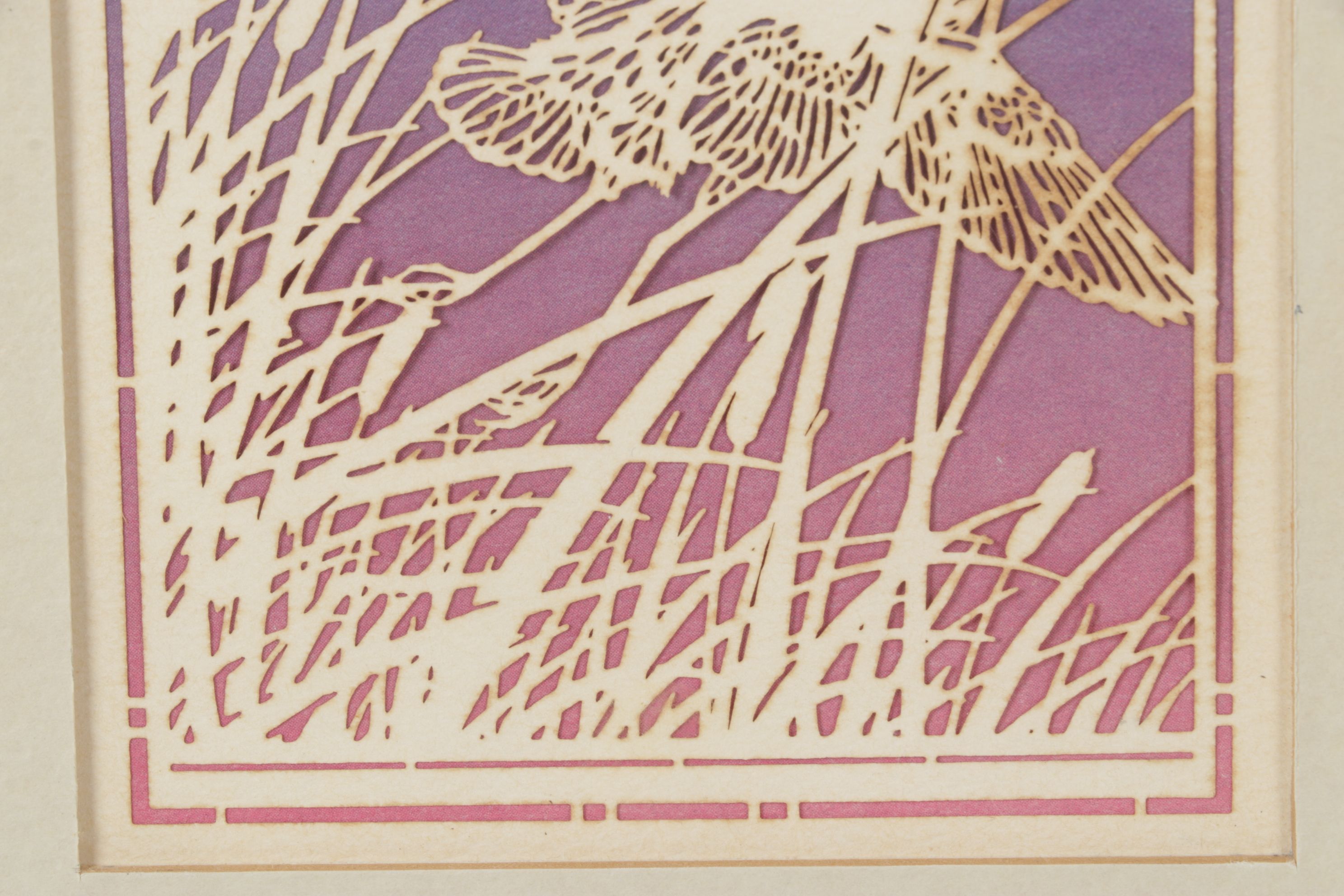 Lasercraft Diptych Papercut Scene of Heron at Sunrise and Sunset, 20th Century