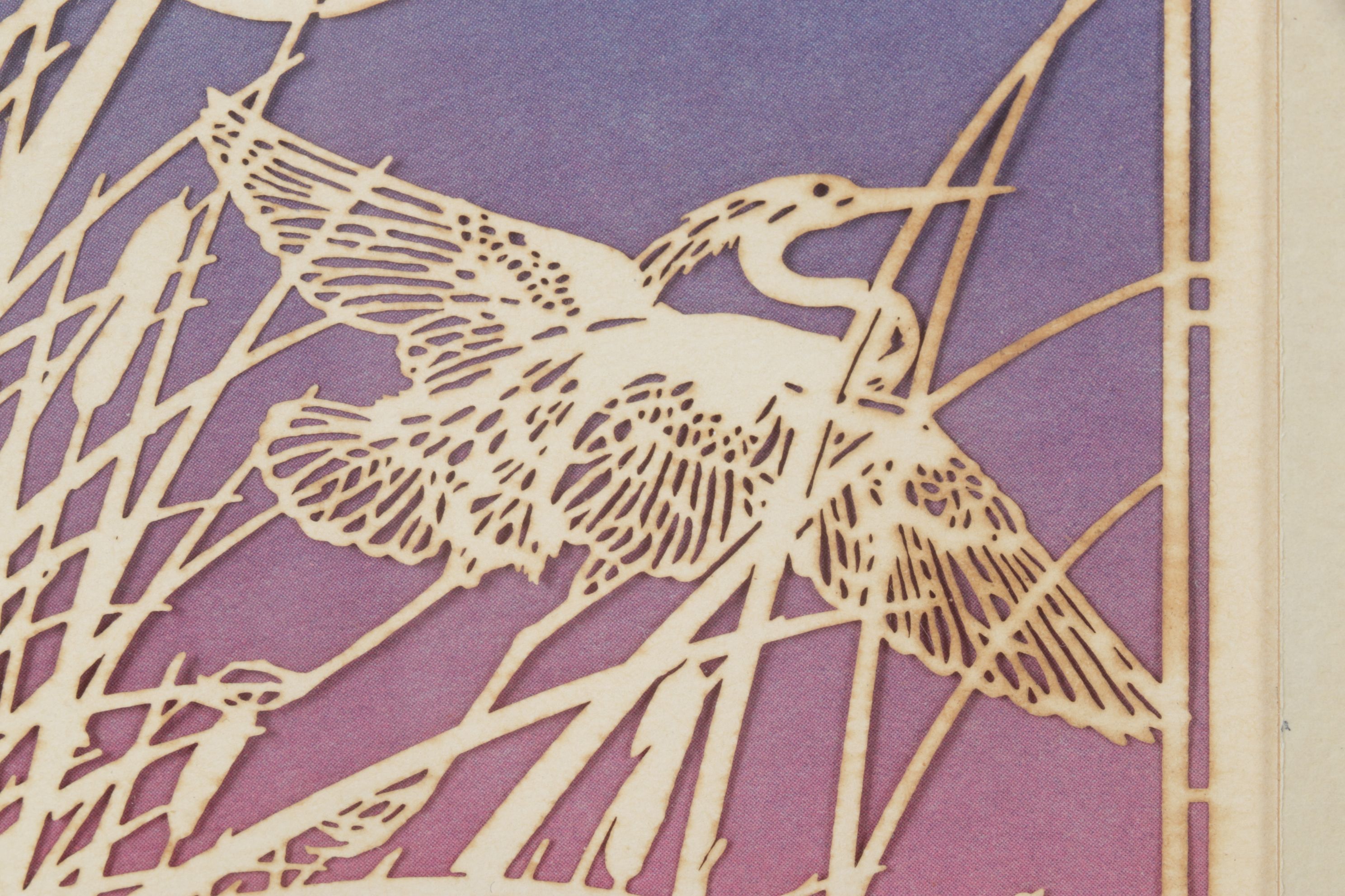 Lasercraft Diptych Papercut Scene of Heron at Sunrise and Sunset, 20th Century