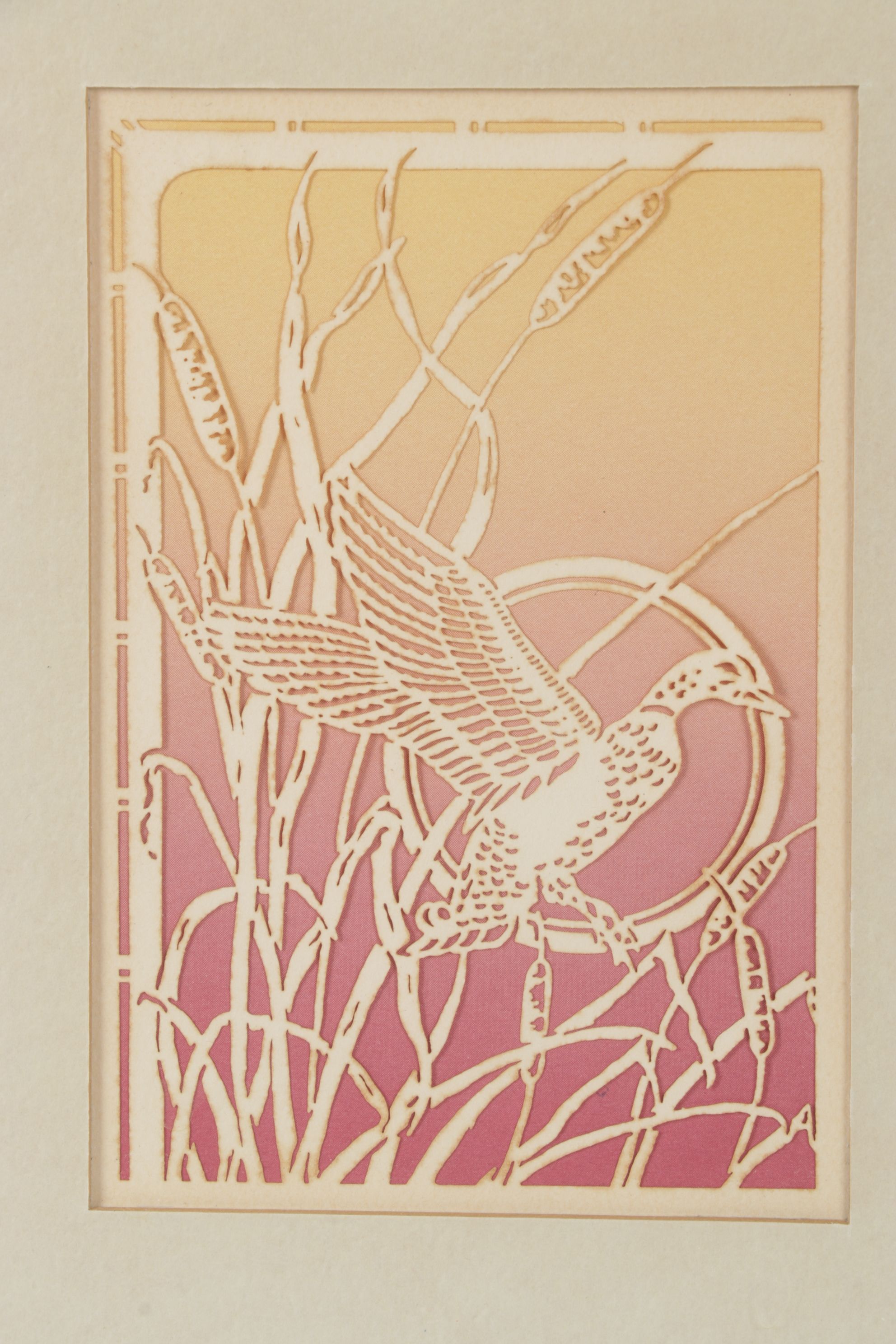 Lasercraft Diptych Papercut Scene of Heron at Sunrise and Sunset, 20th Century