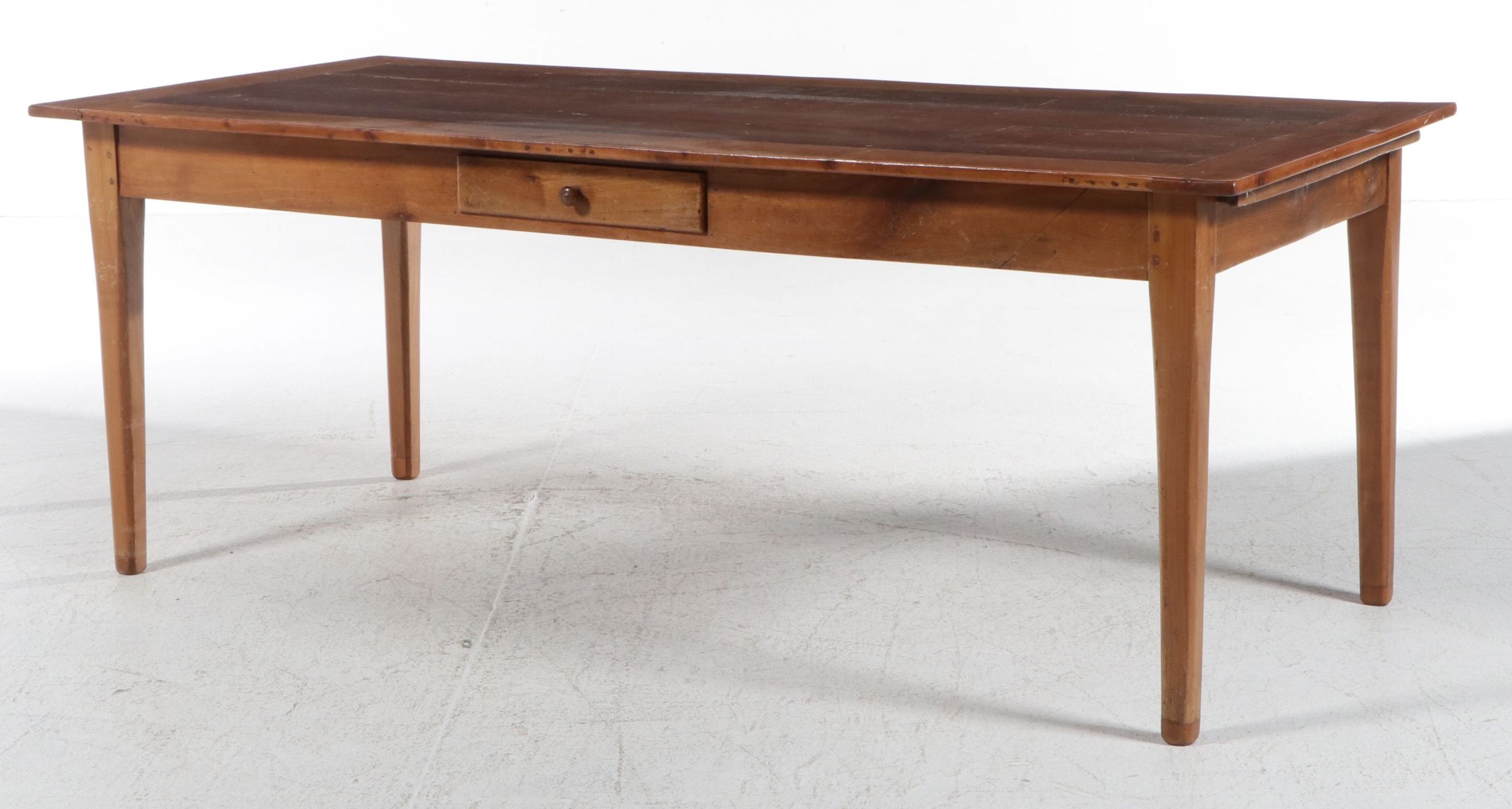 French Fruit Wood Farm Table with Bread Slide and Divided Utensil Drawer