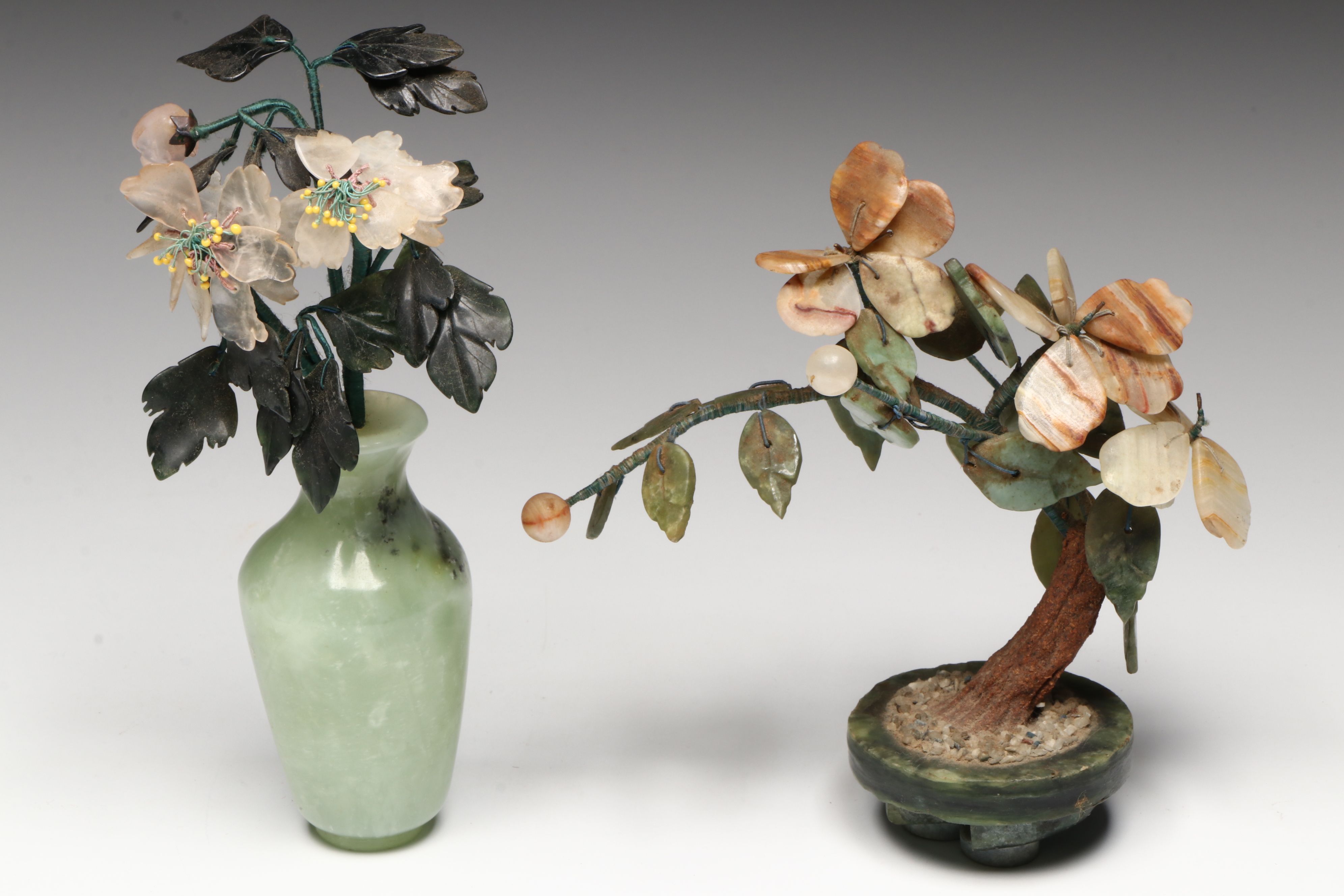 Carved Serpentine and Rose Quartz Flowers in Serpentine Vase with Other Décor