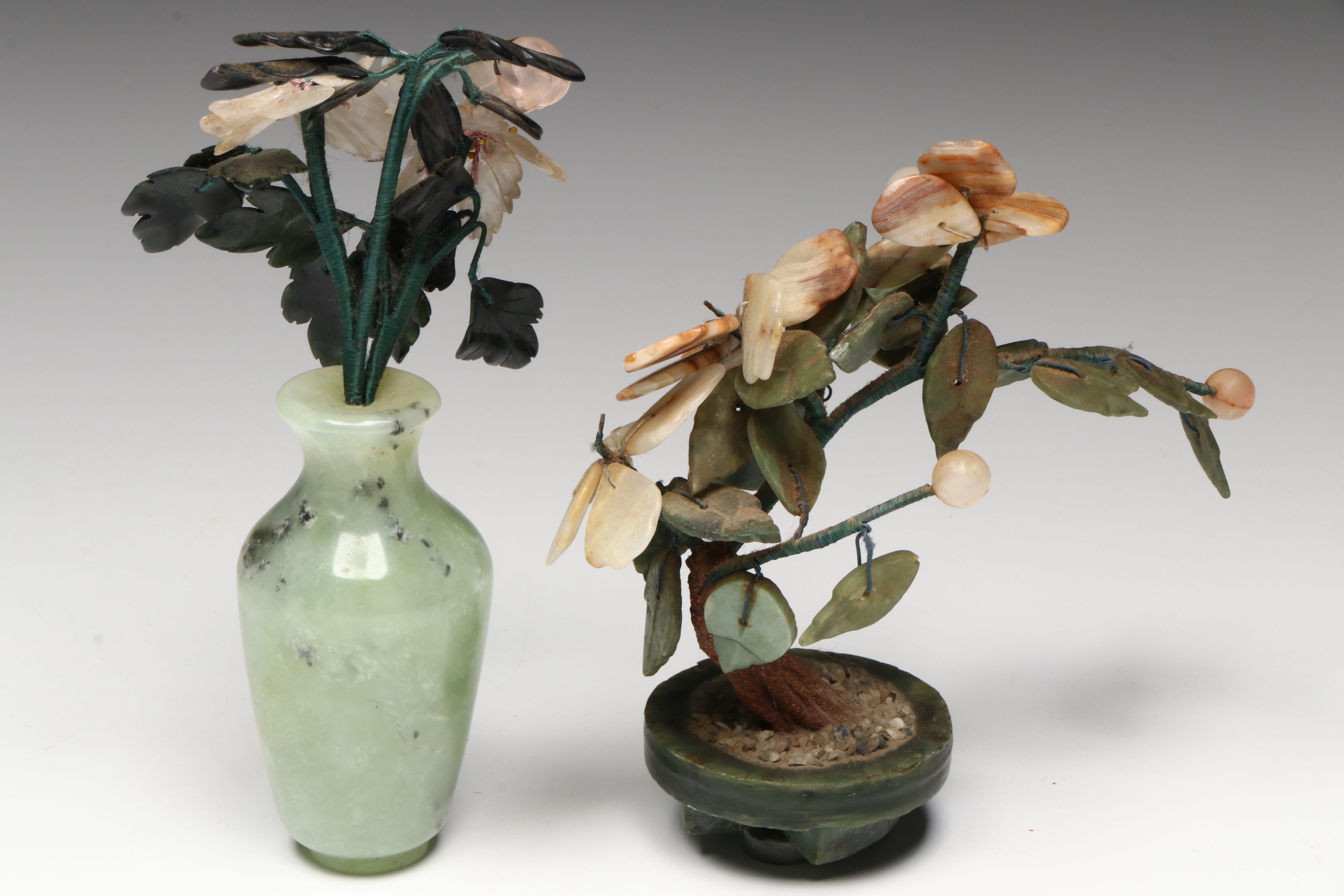 Carved Serpentine and Rose Quartz Flowers in Serpentine Vase with Other Décor