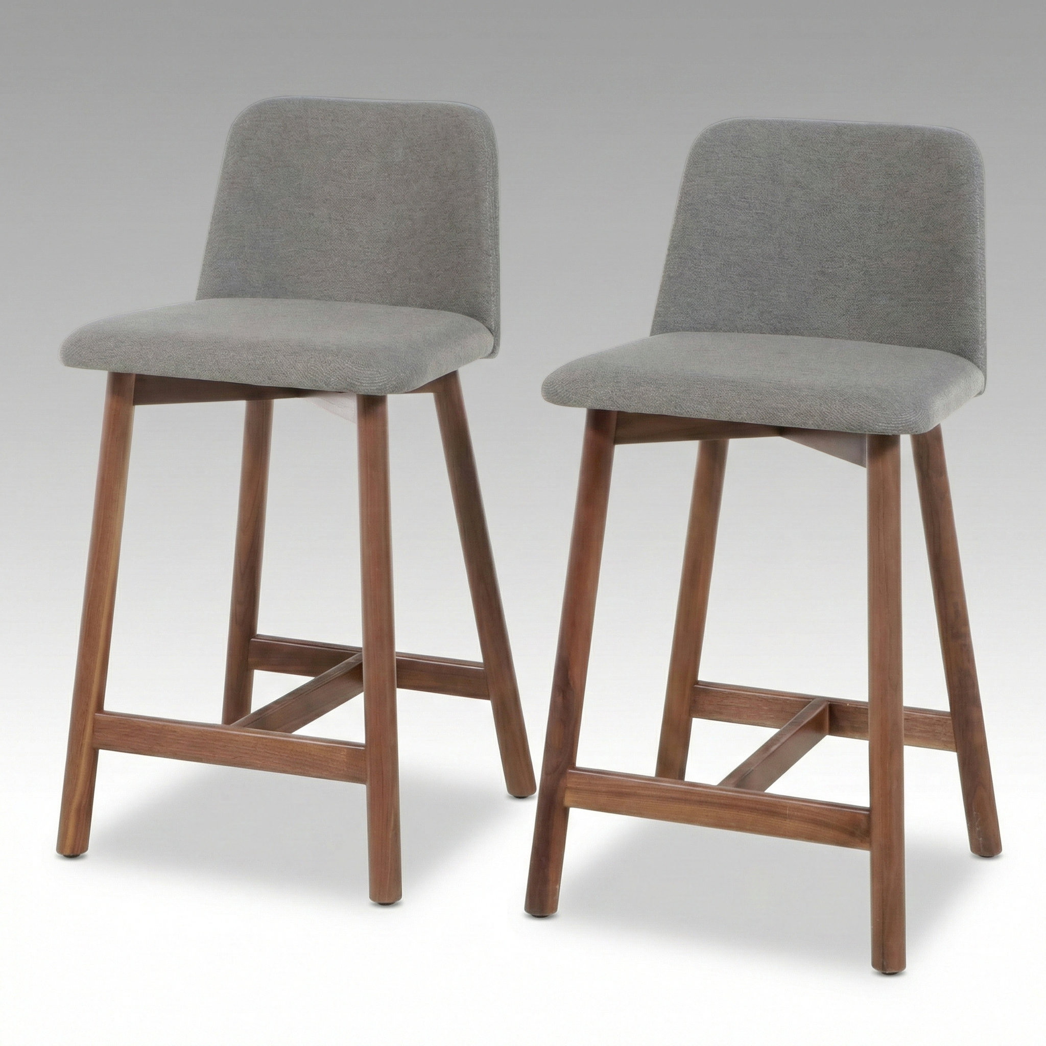 Pair of Blu Dot Mid Century Modern Style Upholstered Barstools on Wooden Frames
