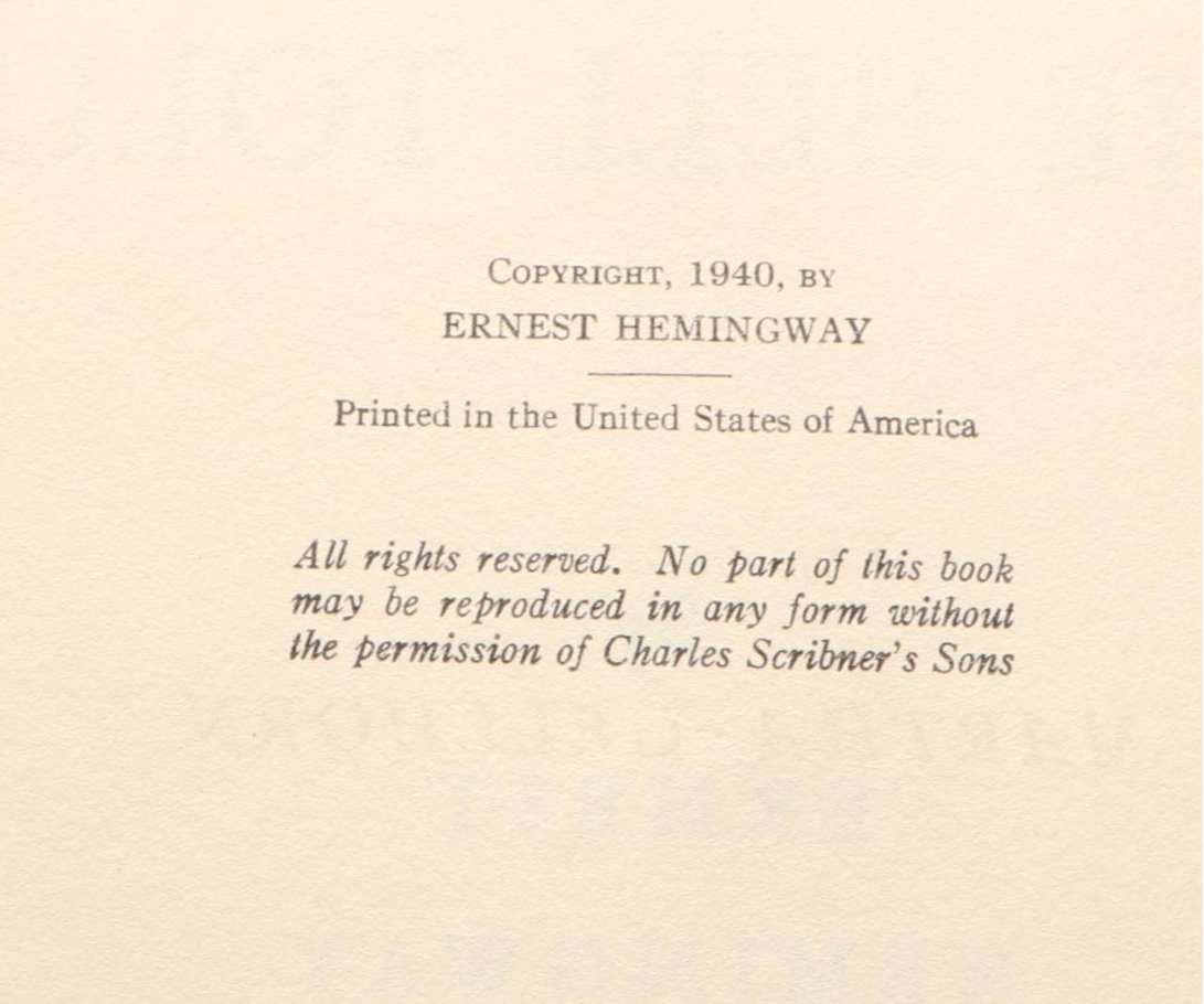 Early Printing "For Whom the Bell Tolls" by Ernest Hemingway, 1940