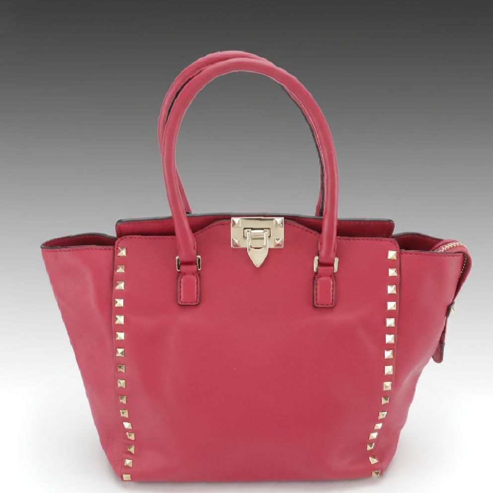 Valentino Garavani Rockstud Trapeze Tote in Magenta Calfskin Leather