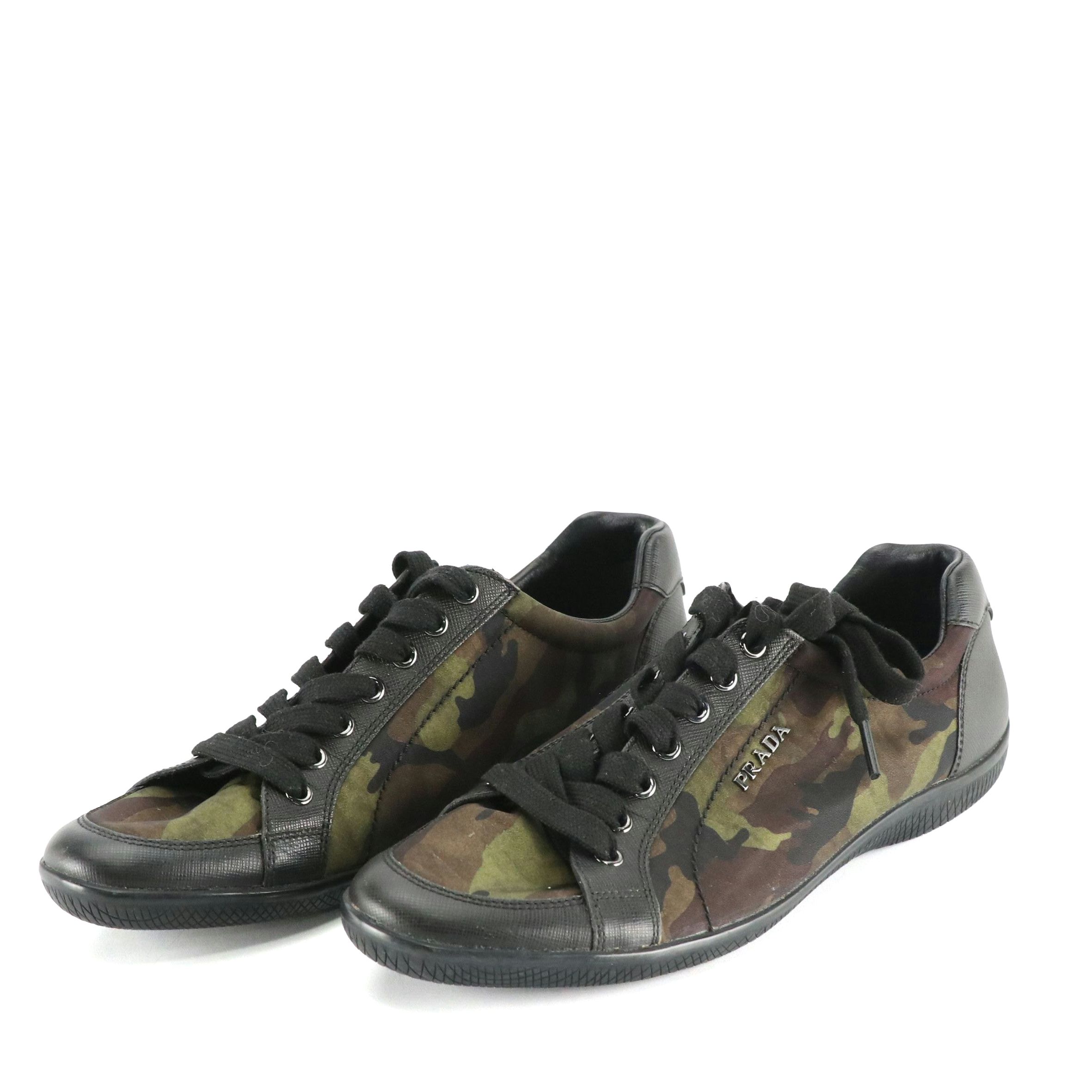 Prada Sport Camo Nylon and Black Saffiano Leather Lace-Up Sneakers