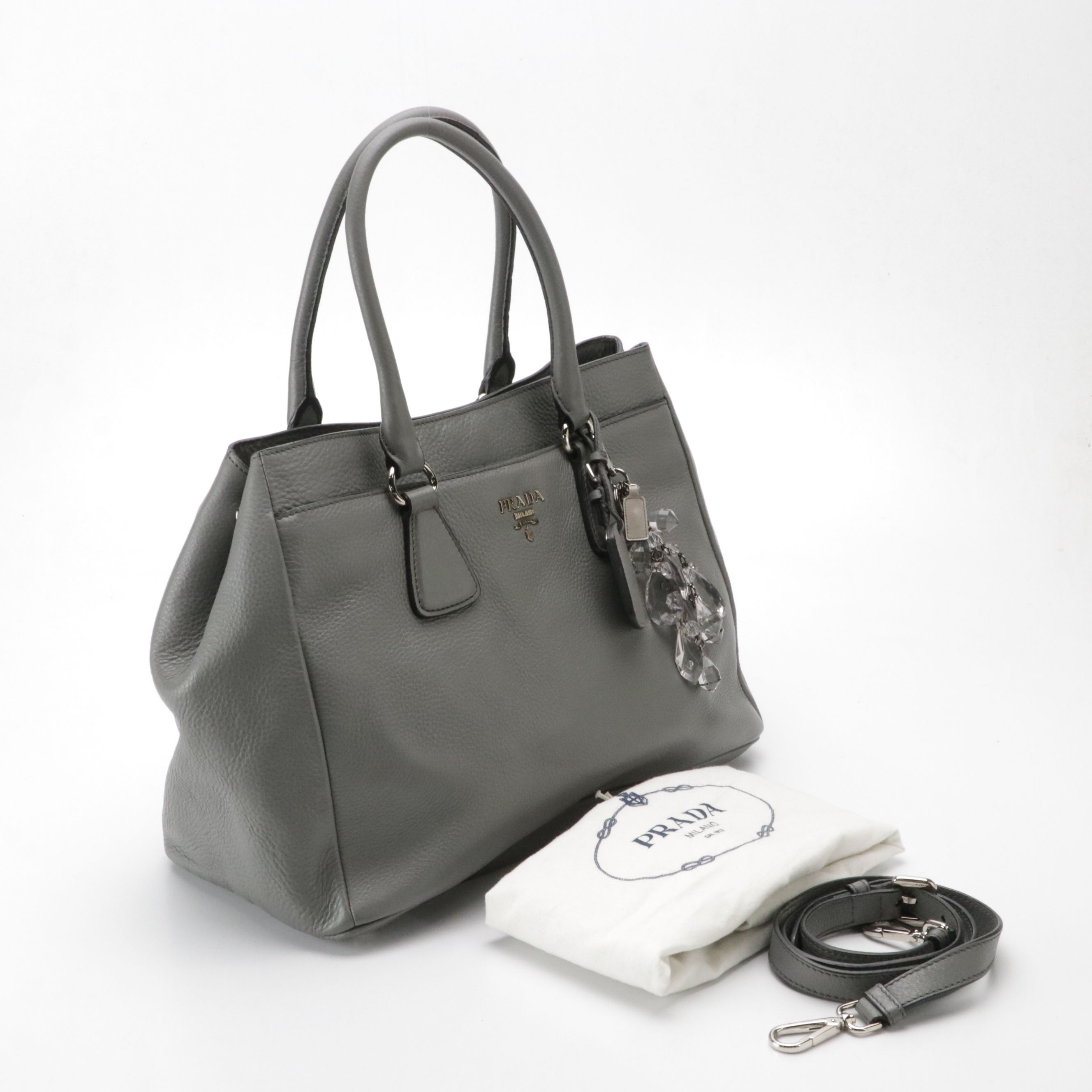 Prada Grey Vitello Daino Leather Two-Way Tote Bag w Prada Faceted Cut Key Ring