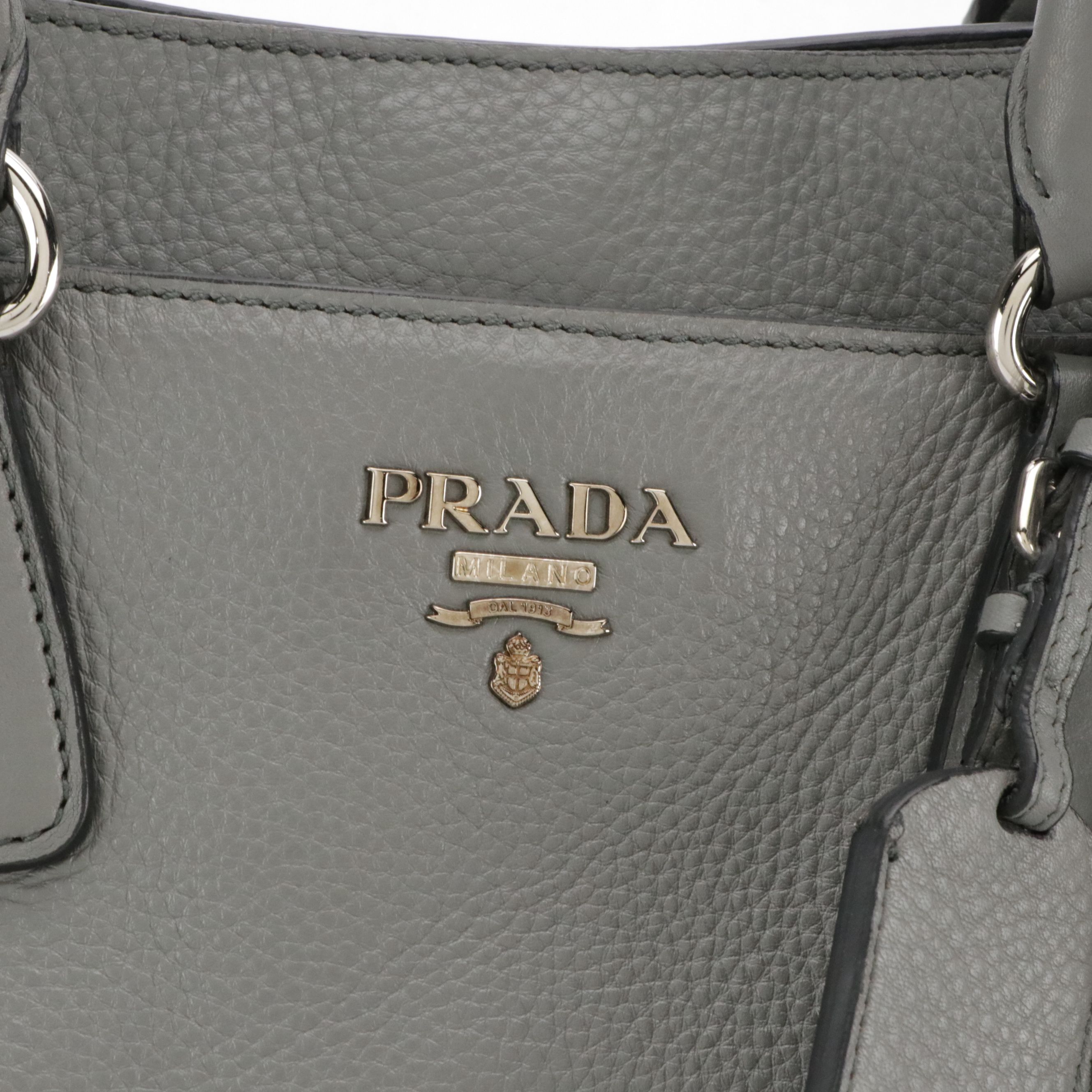 Prada Grey Vitello Daino Leather Two-Way Tote Bag w Prada Faceted Cut Key Ring