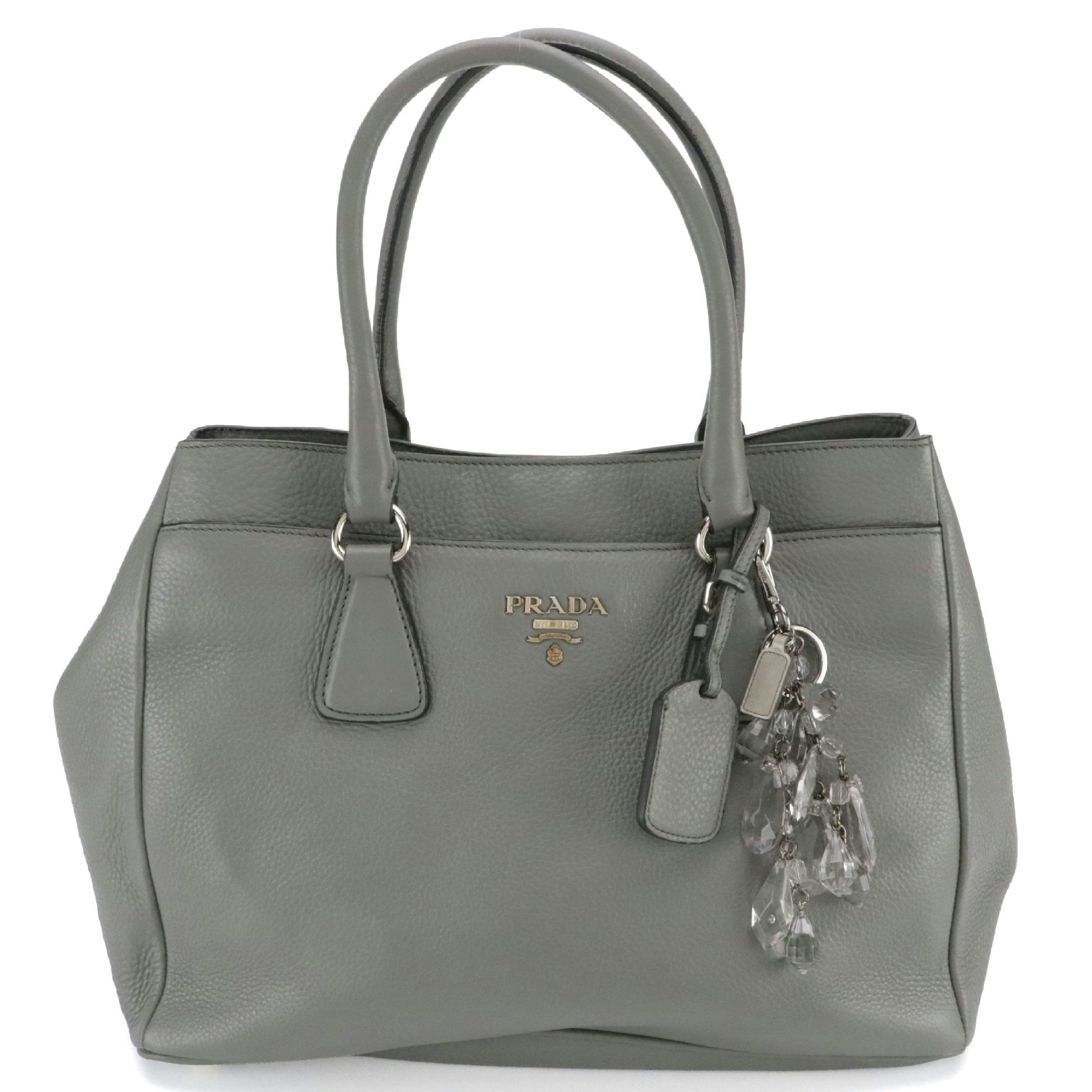 Prada Grey Vitello Daino Leather Two-Way Tote Bag w Prada Faceted Cut Key Ring