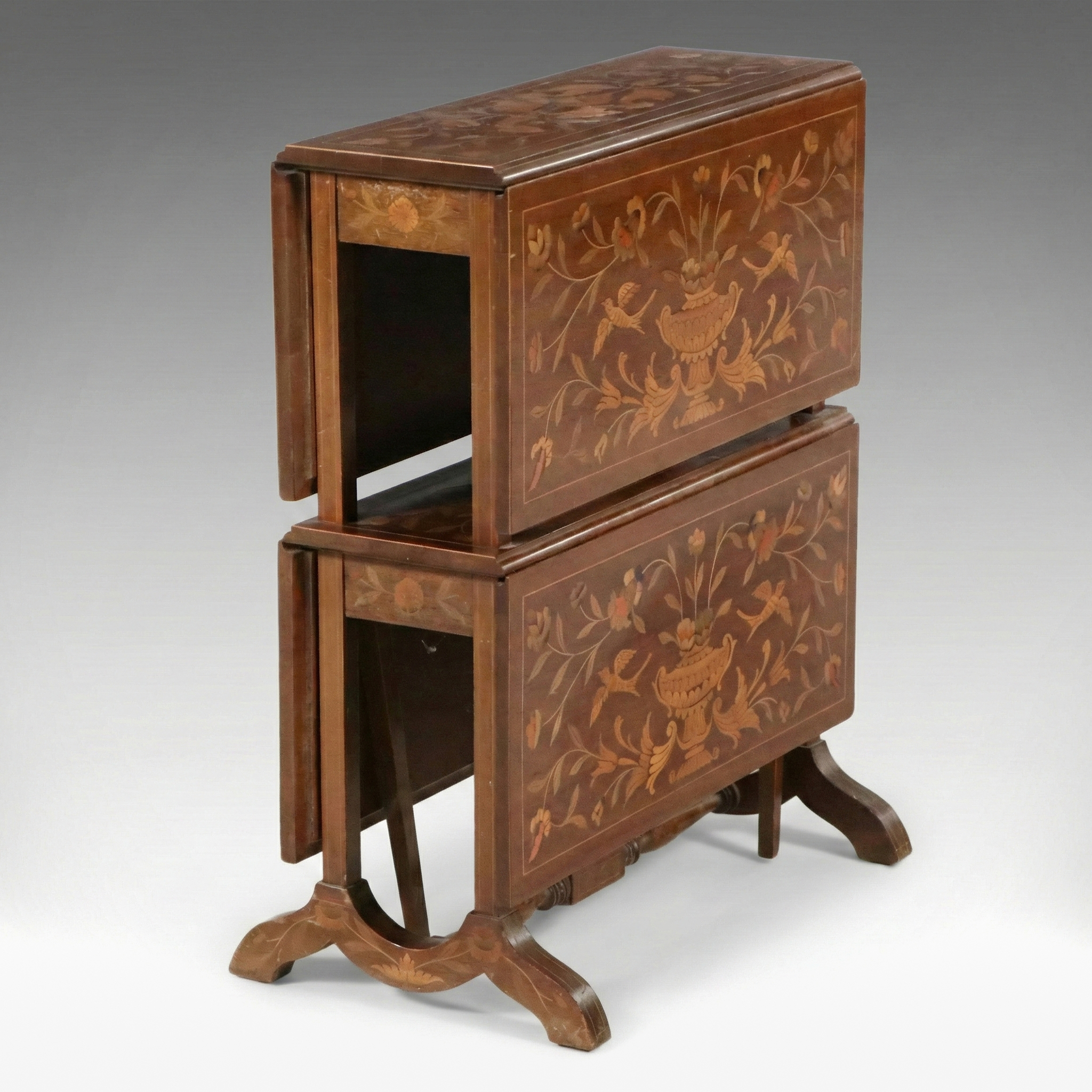 English Style Marquetry Inlaid Two-Tier Southerland Table, Early 20th Century