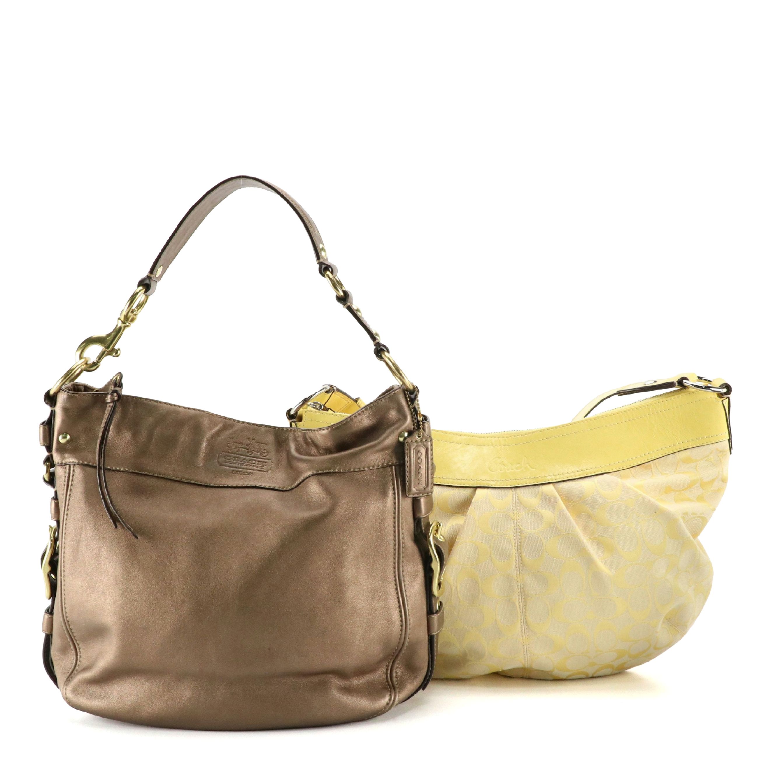 Coach Zoe Metallic Bronze Leather Hobo Bag, Yellow Signature Canvas Pulley Bag