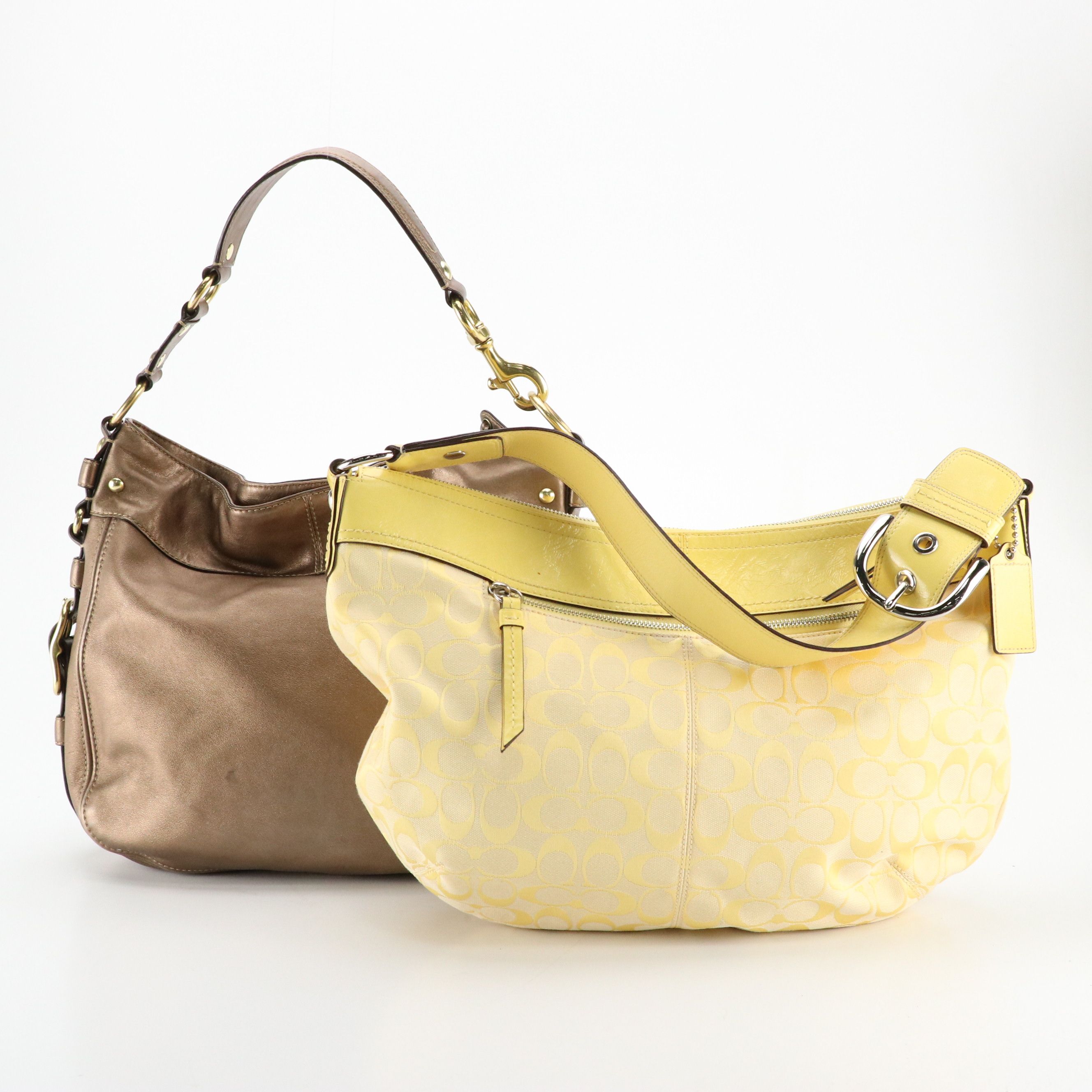 Coach Zoe Metallic Bronze Leather Hobo Bag, Yellow Signature Canvas Pulley Bag