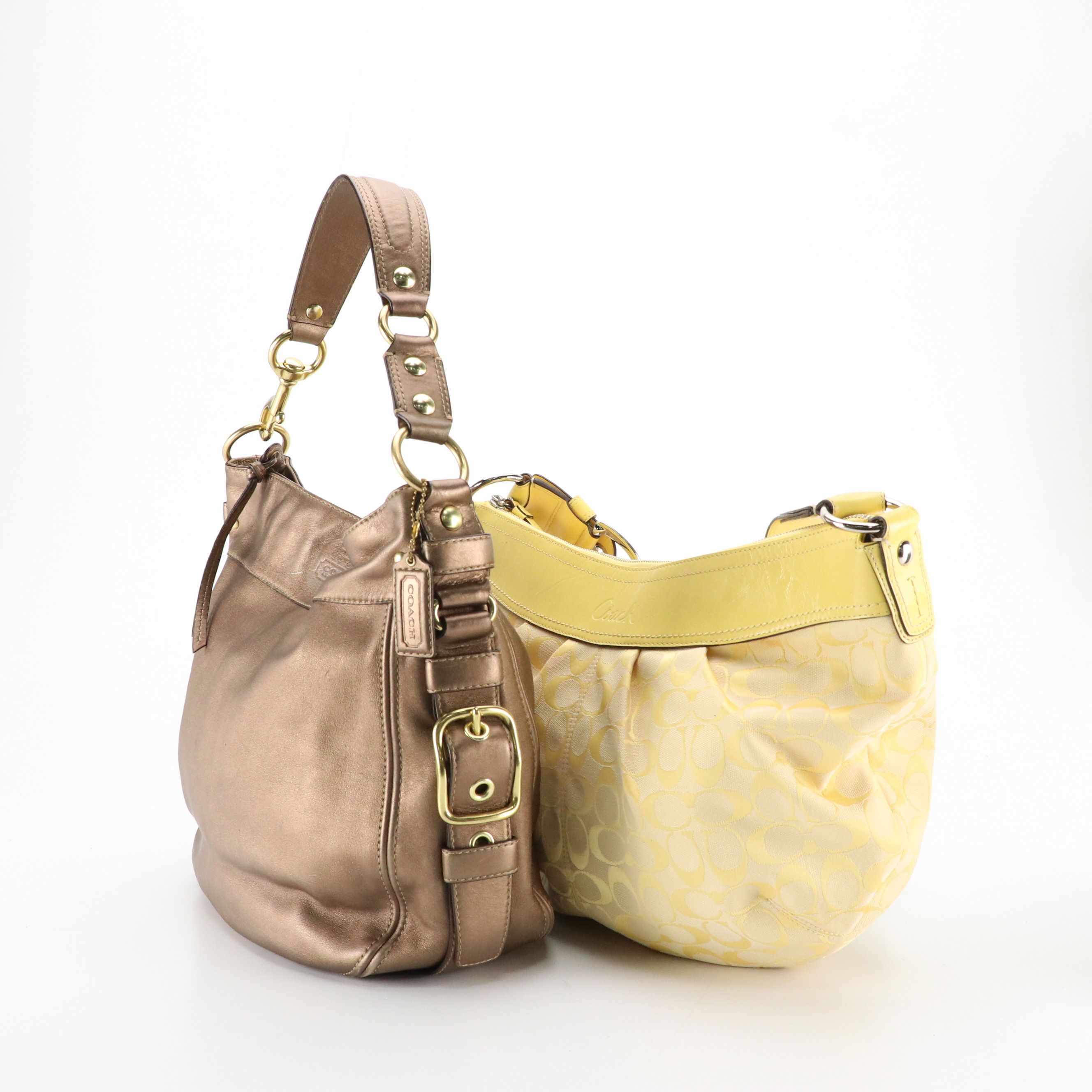 Coach Zoe Metallic Bronze Leather Hobo Bag, Yellow Signature Canvas Pulley Bag