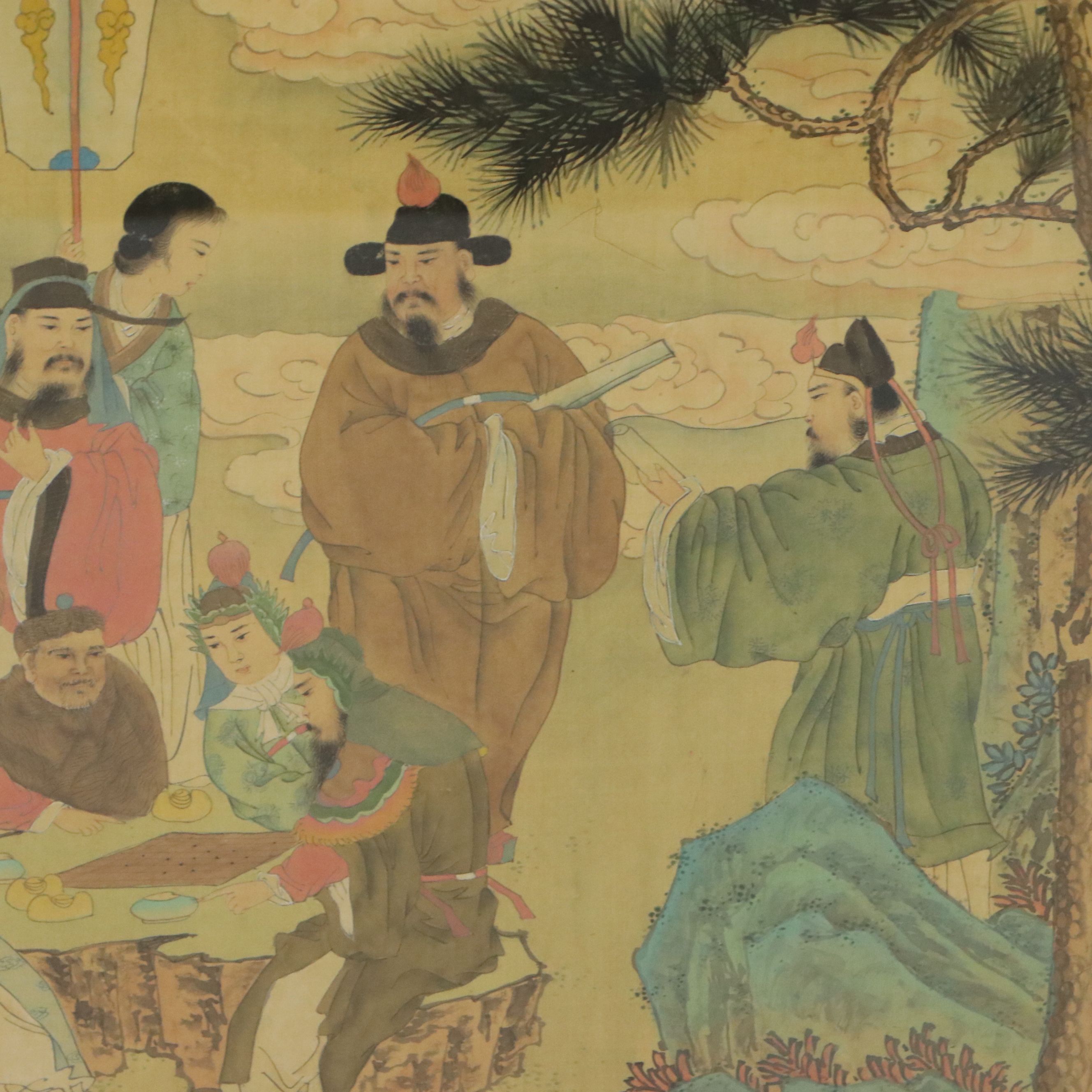 Chinese Court Scene Watercolor and Gouache Painting