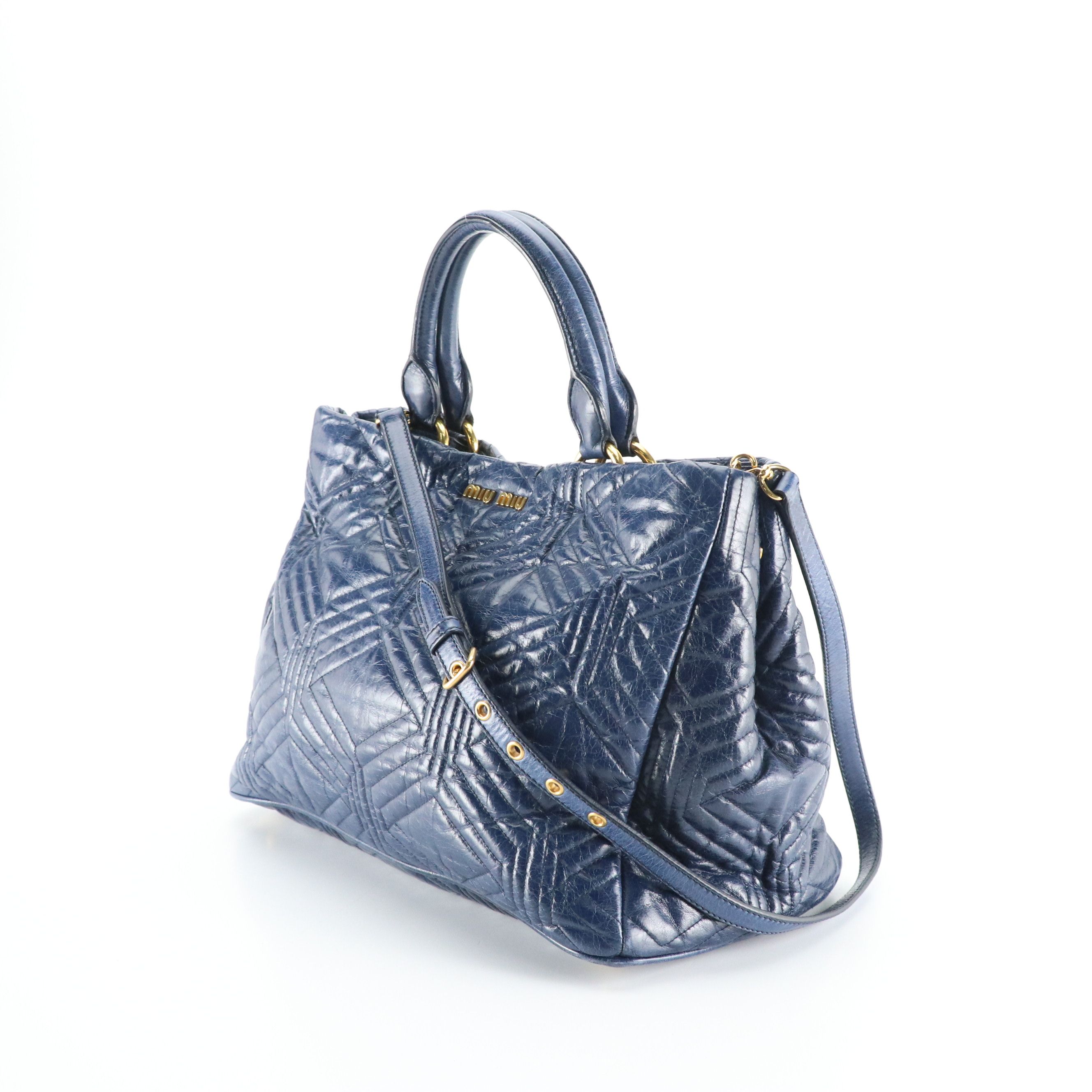 Miu Miu Top Handle Two-Way Shopper Tote in Dark Blue Vitello Shine Calfskin
