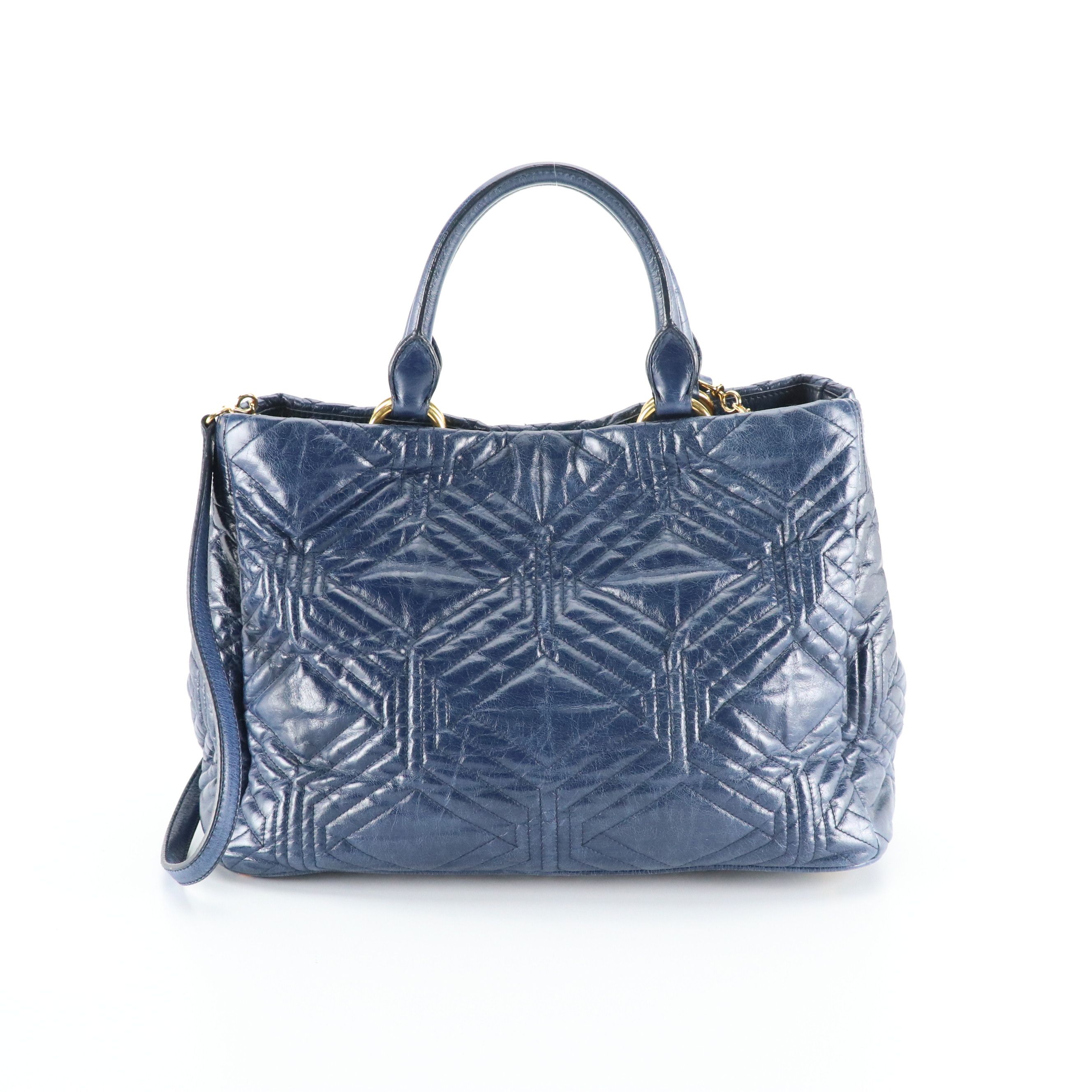 Miu Miu Top Handle Two-Way Shopper Tote in Dark Blue Vitello Shine Calfskin