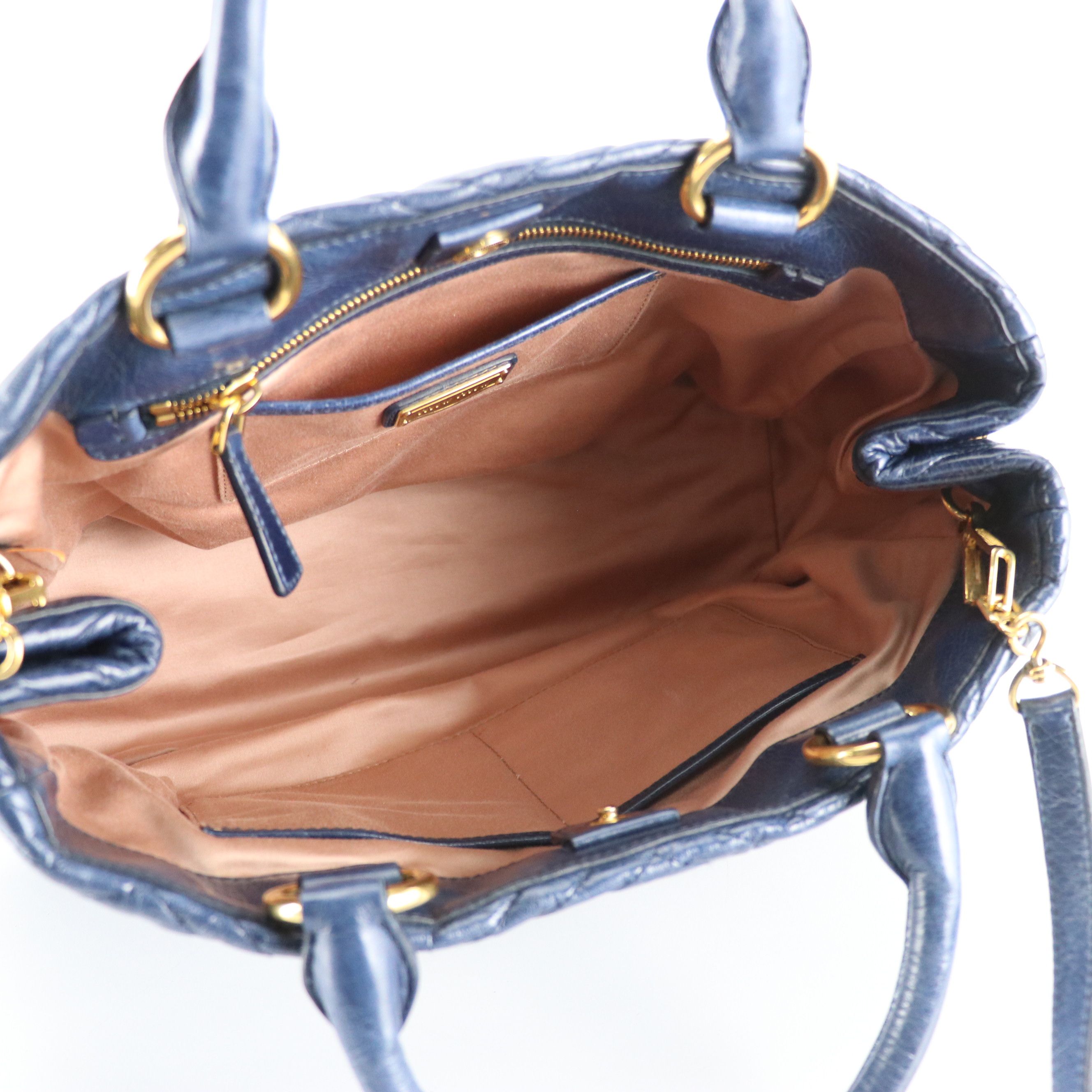 Miu Miu Top Handle Two-Way Shopper Tote in Dark Blue Vitello Shine Calfskin