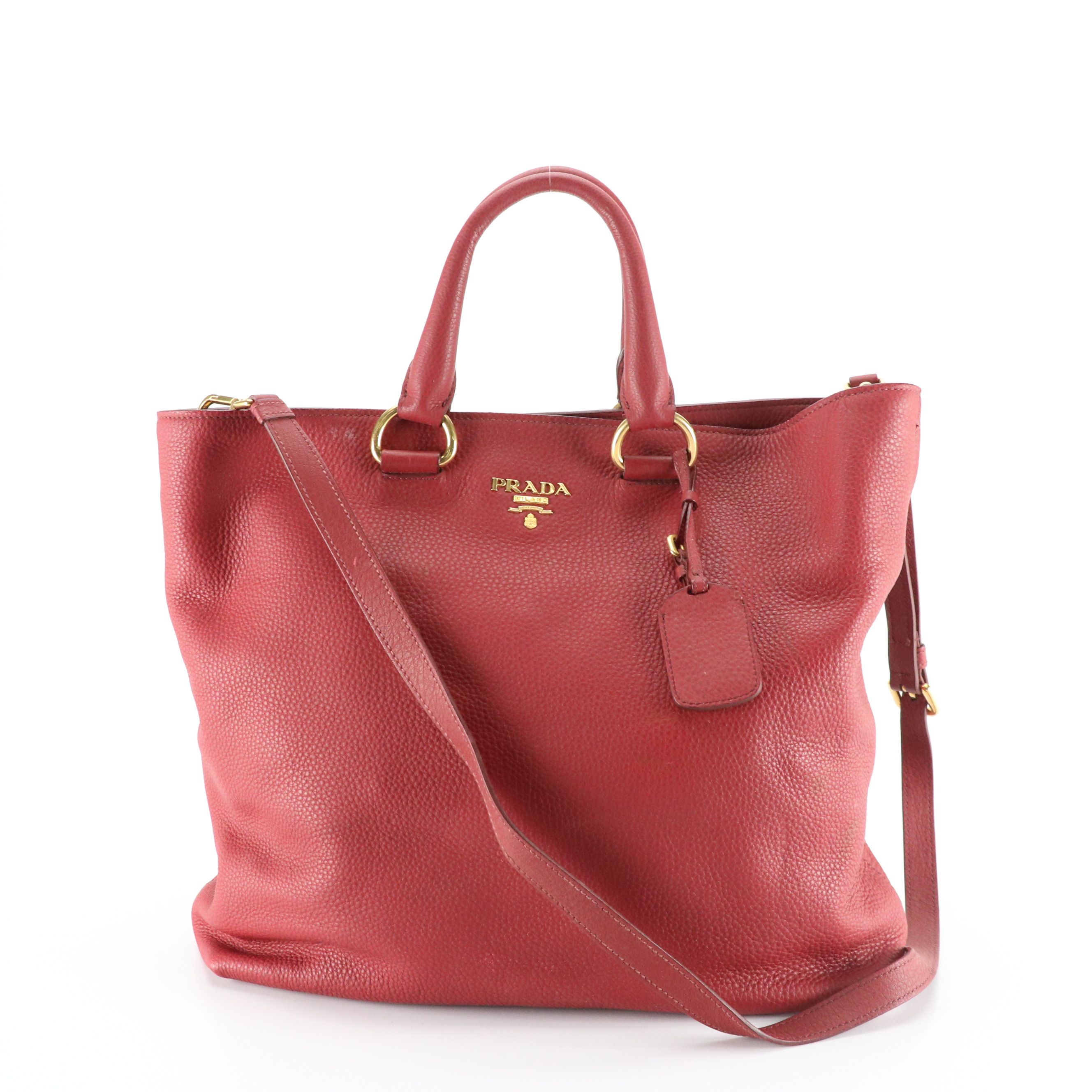 Prada Two-Way Shopper Tote in Red Pebbled Vitello Daino Leather