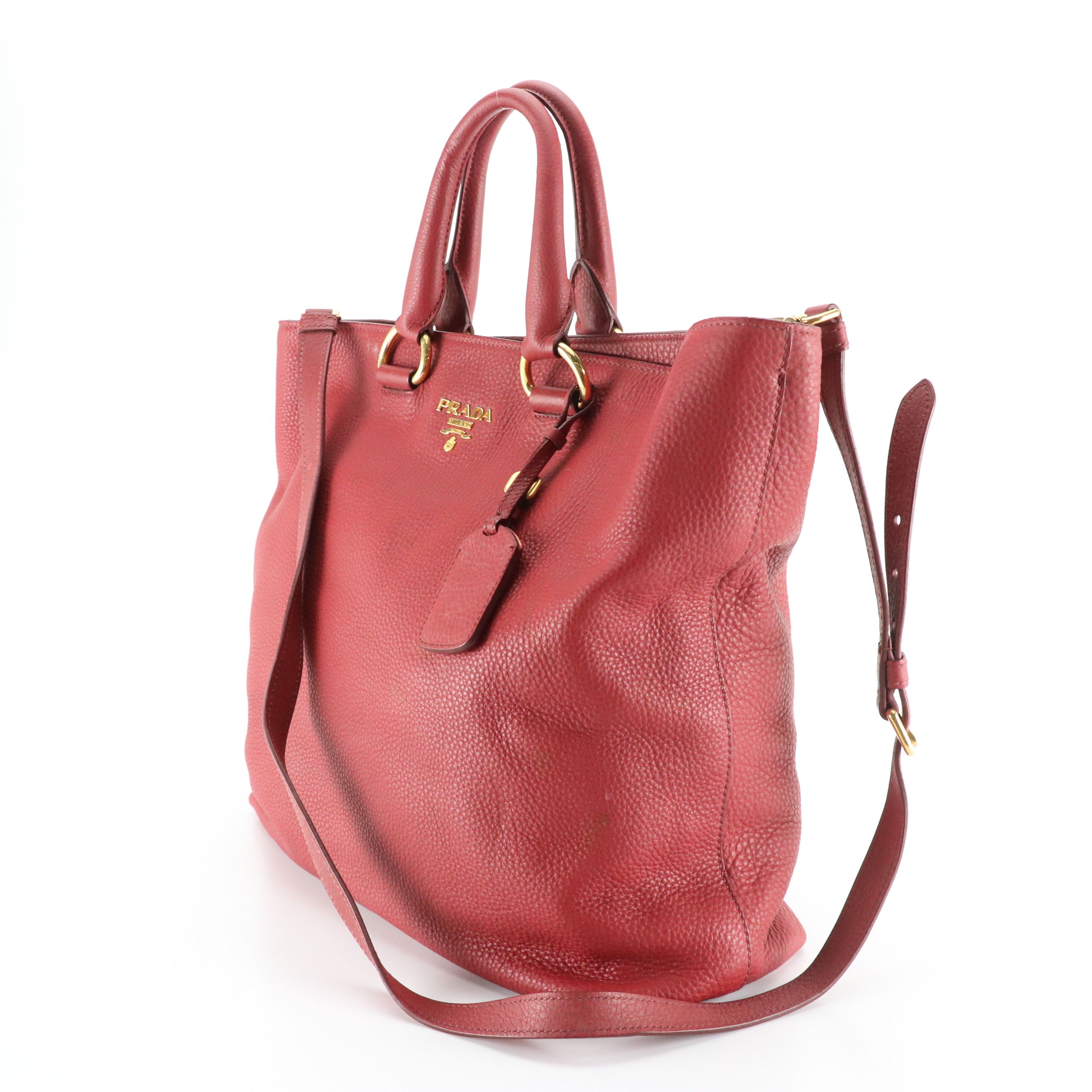 Prada Two-Way Shopper Tote in Red Pebbled Vitello Daino Leather