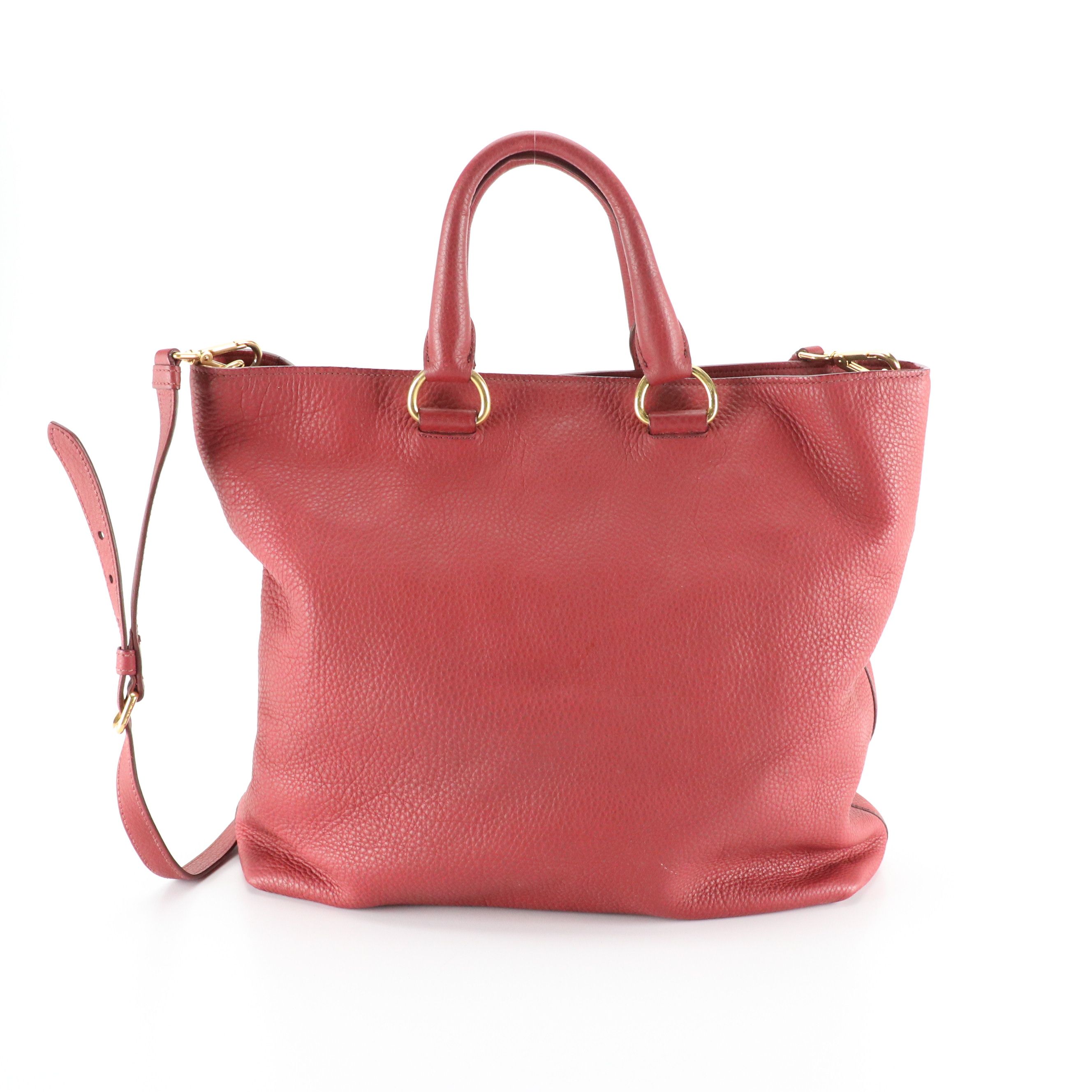 Prada Two-Way Shopper Tote in Red Pebbled Vitello Daino Leather