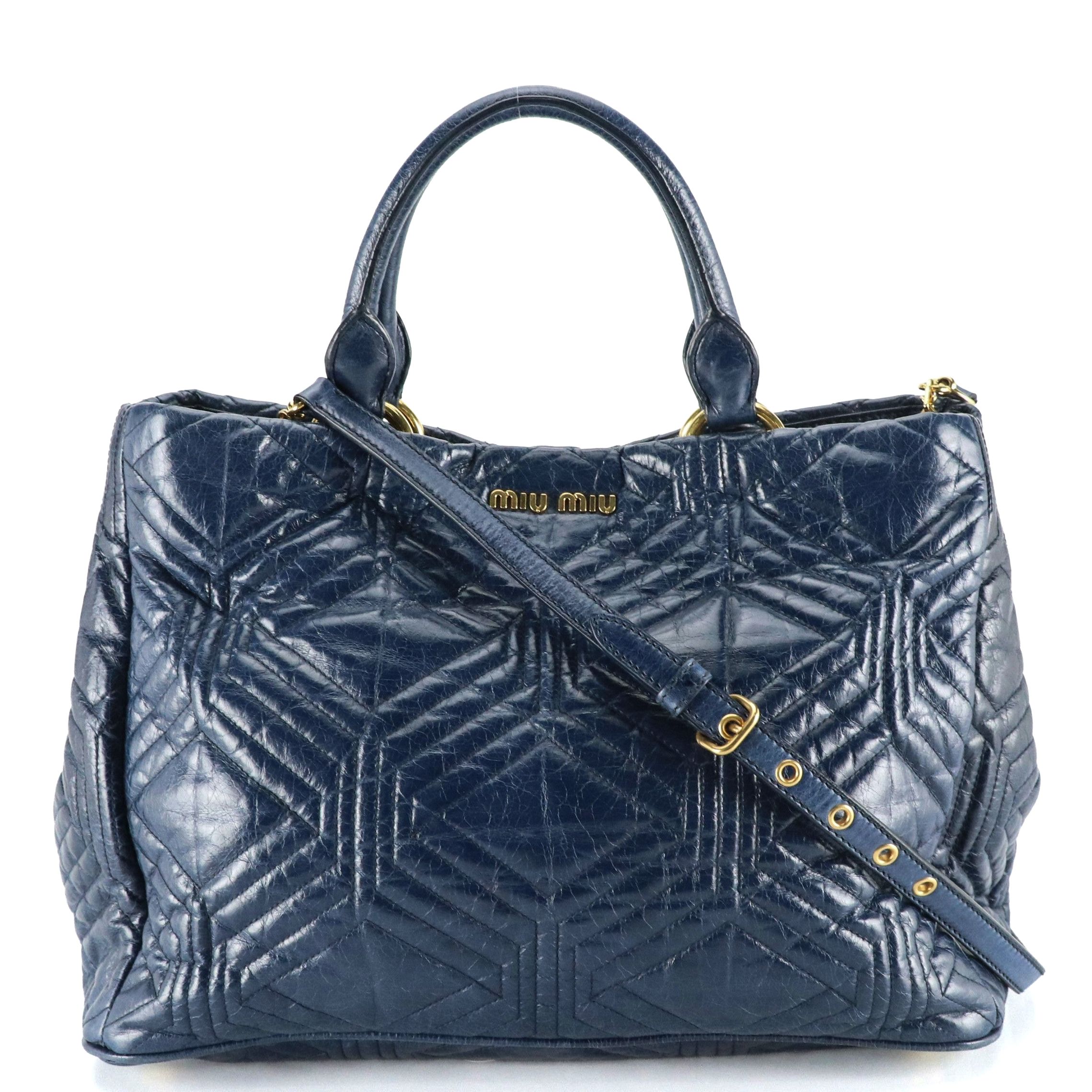 Miu Miu Top Handle Two-Way Shopper Tote in Dark Blue Vitello Shine Calfskin