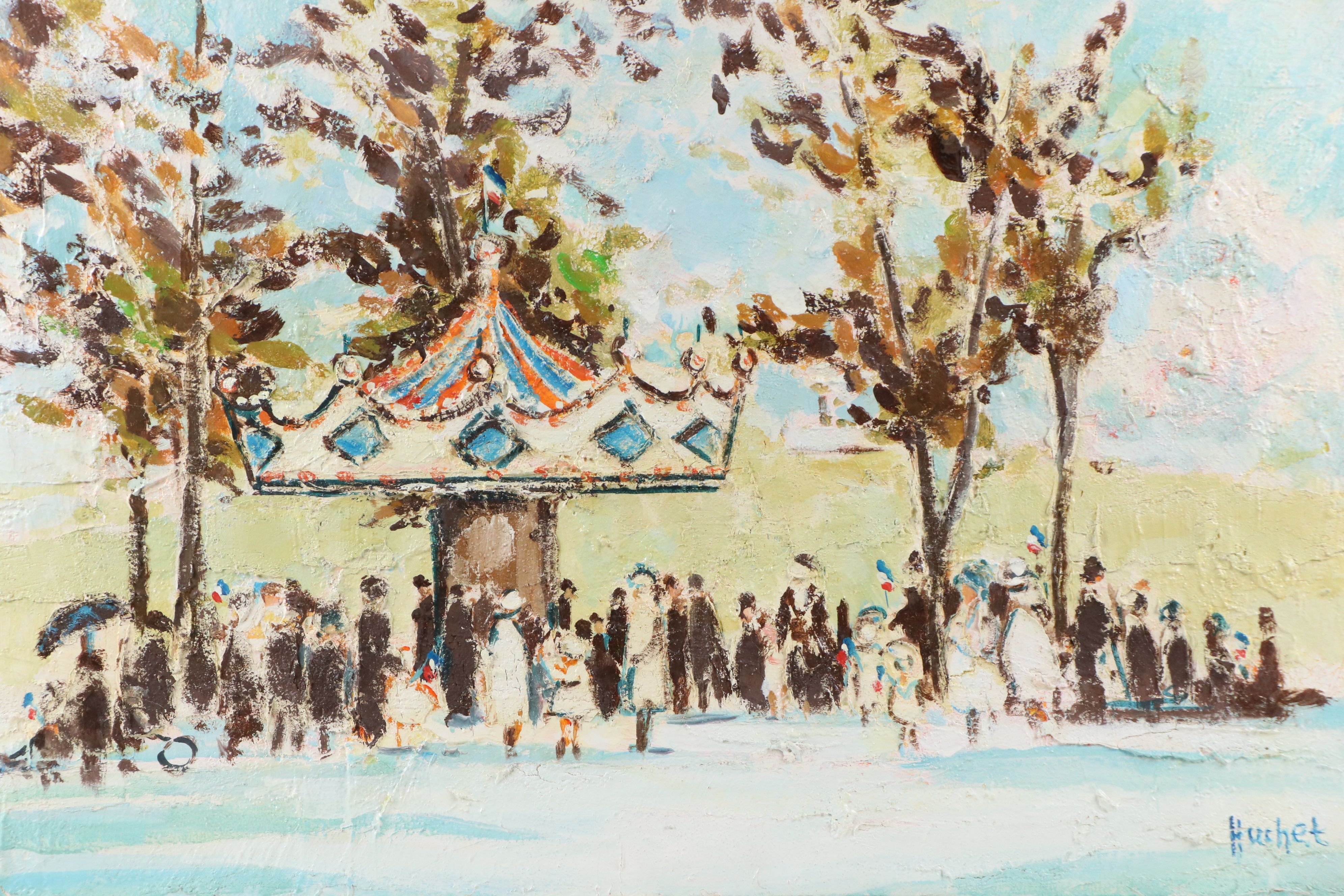 Urbain Emmanuel Huchet Impasto Oil Painting of Carousel Scene, 20th Century