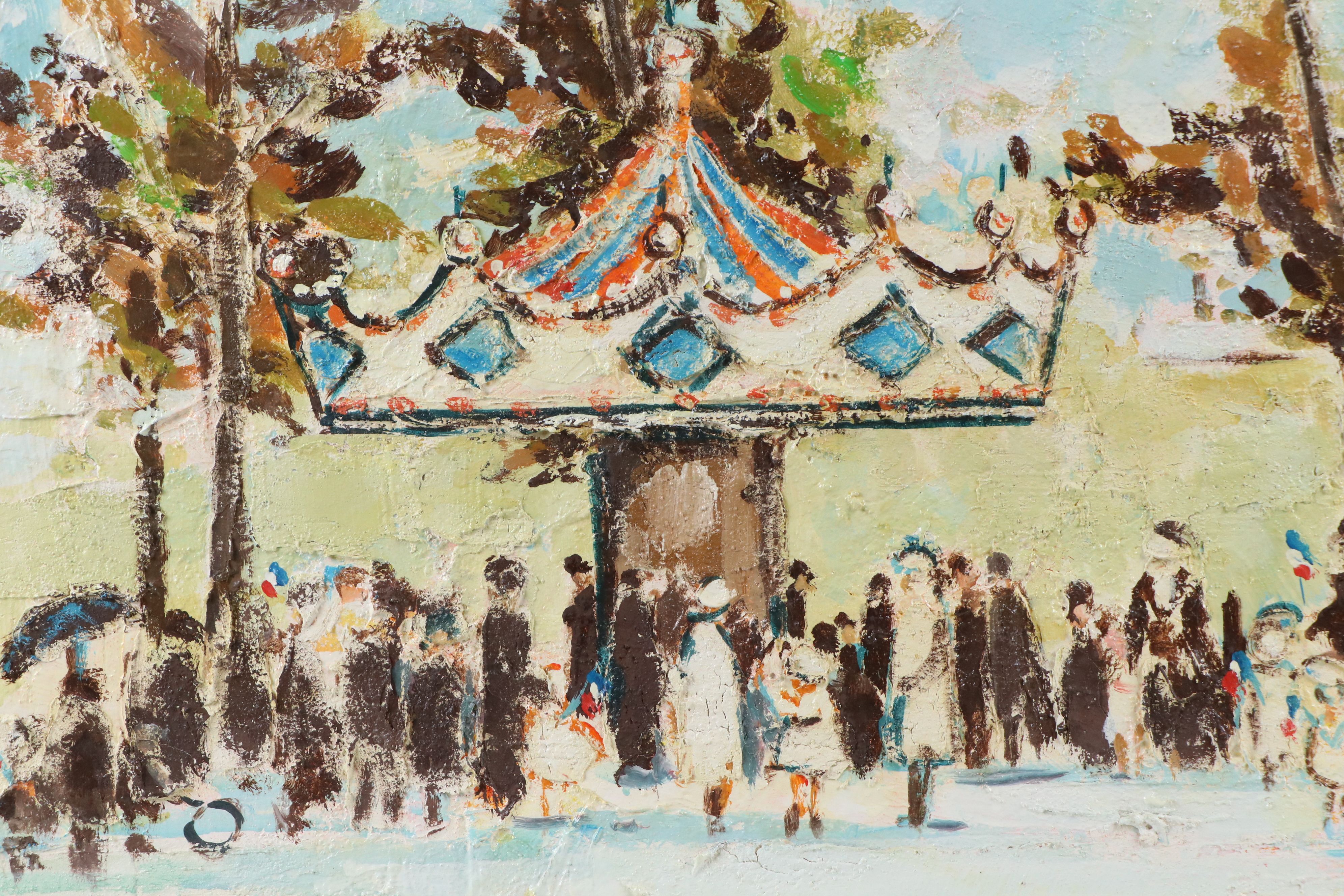 Urbain Emmanuel Huchet Impasto Oil Painting of Carousel Scene, 20th Century