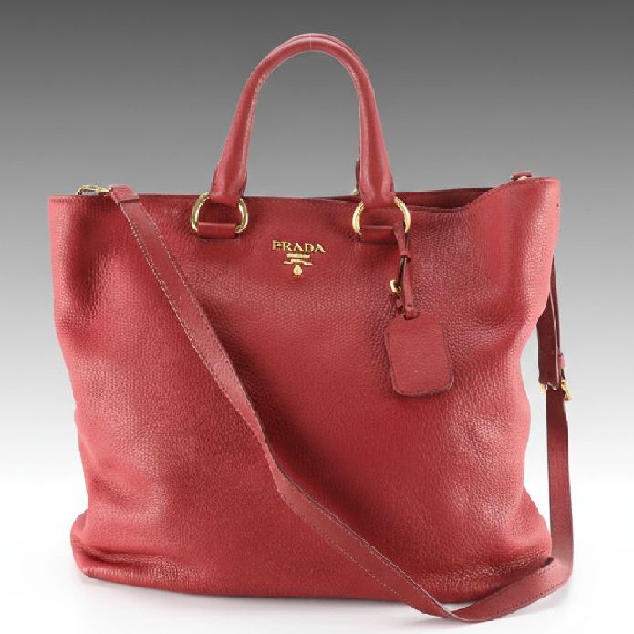Prada Two-Way Shopper Tote in Red Pebbled Vitello Daino Leather