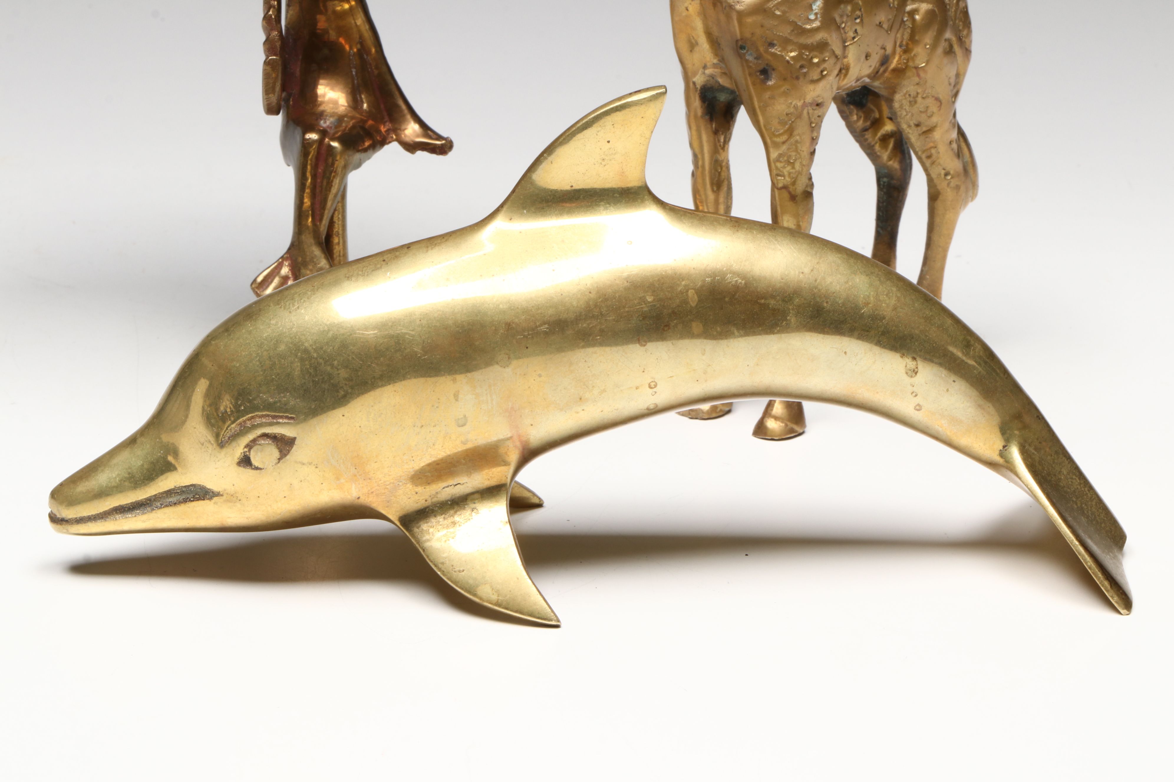 Brass Dolphin, Giraffe, and Frog with Enamel Umbrella Figurines