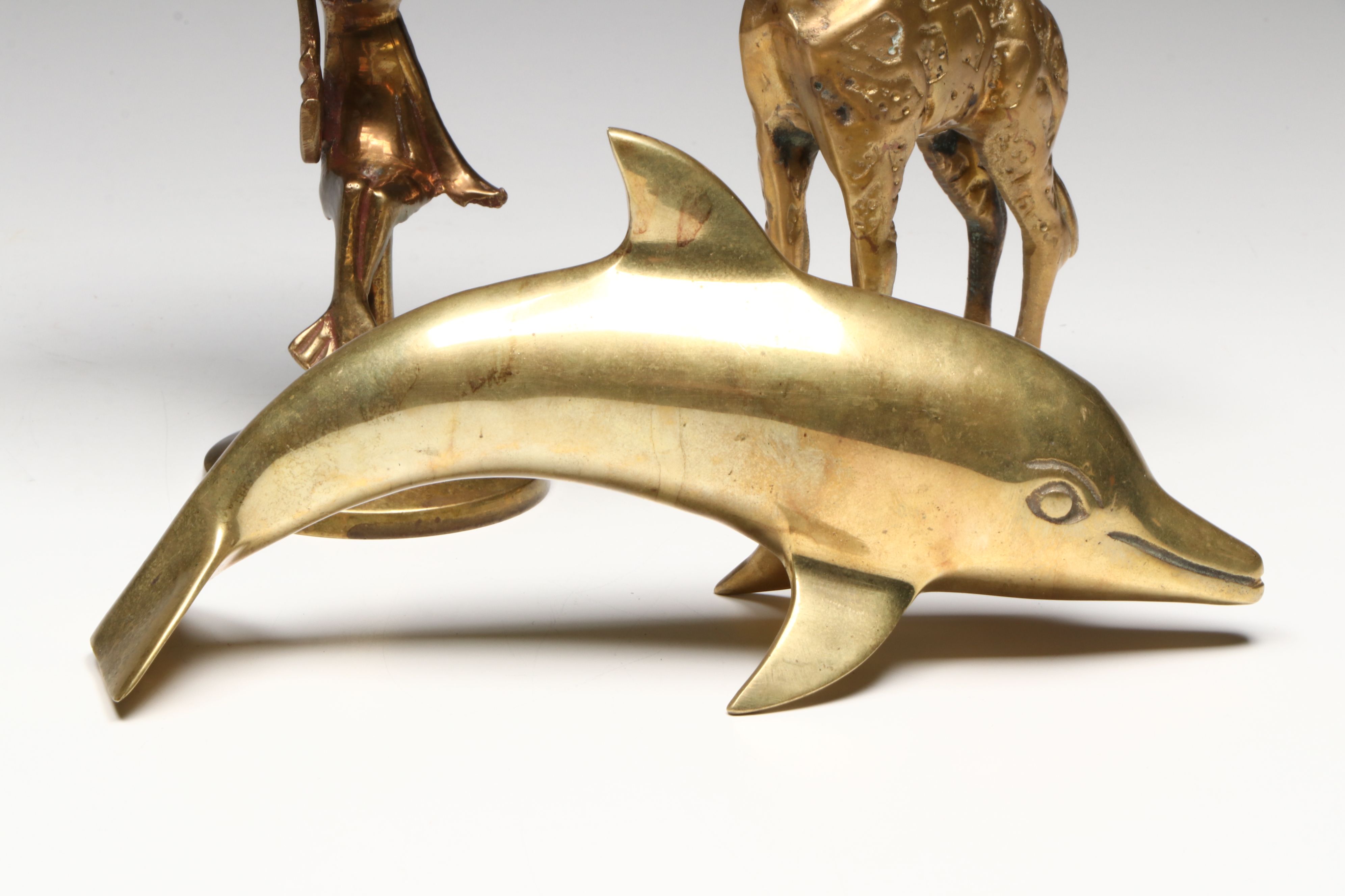 Brass Dolphin, Giraffe, and Frog with Enamel Umbrella Figurines