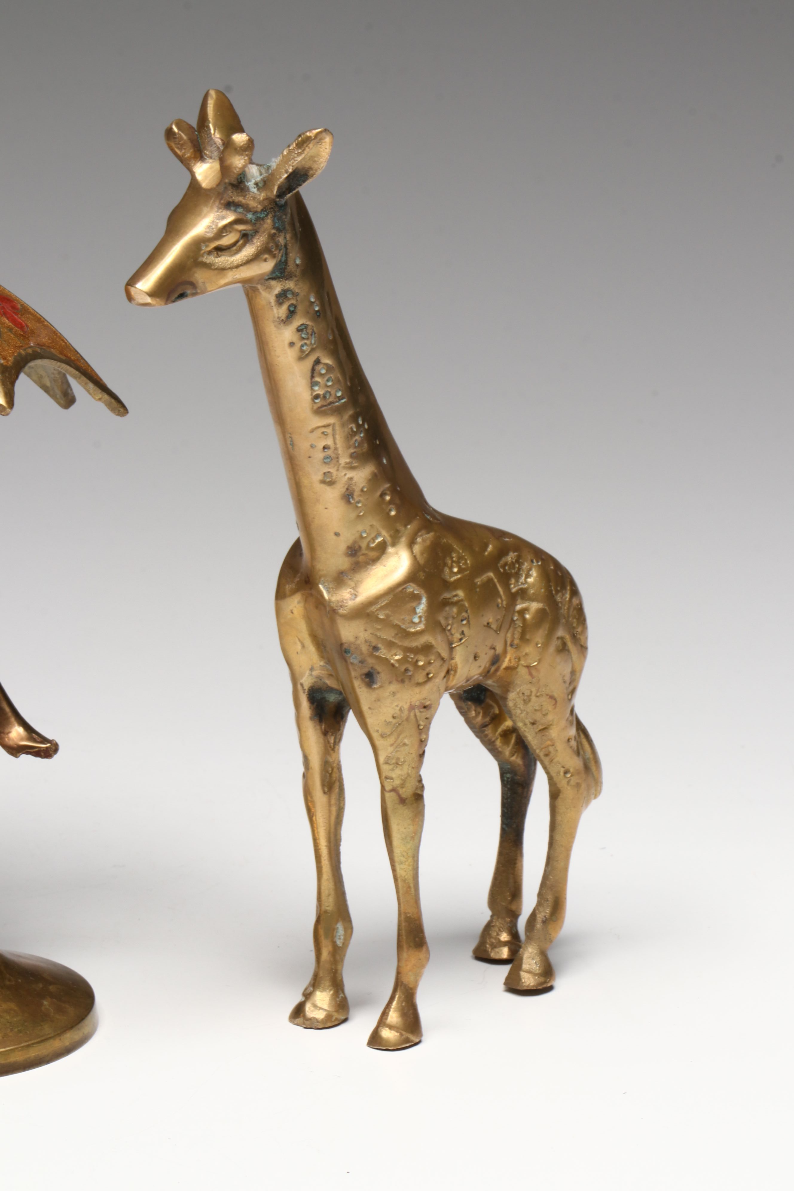 Brass Dolphin, Giraffe, and Frog with Enamel Umbrella Figurines