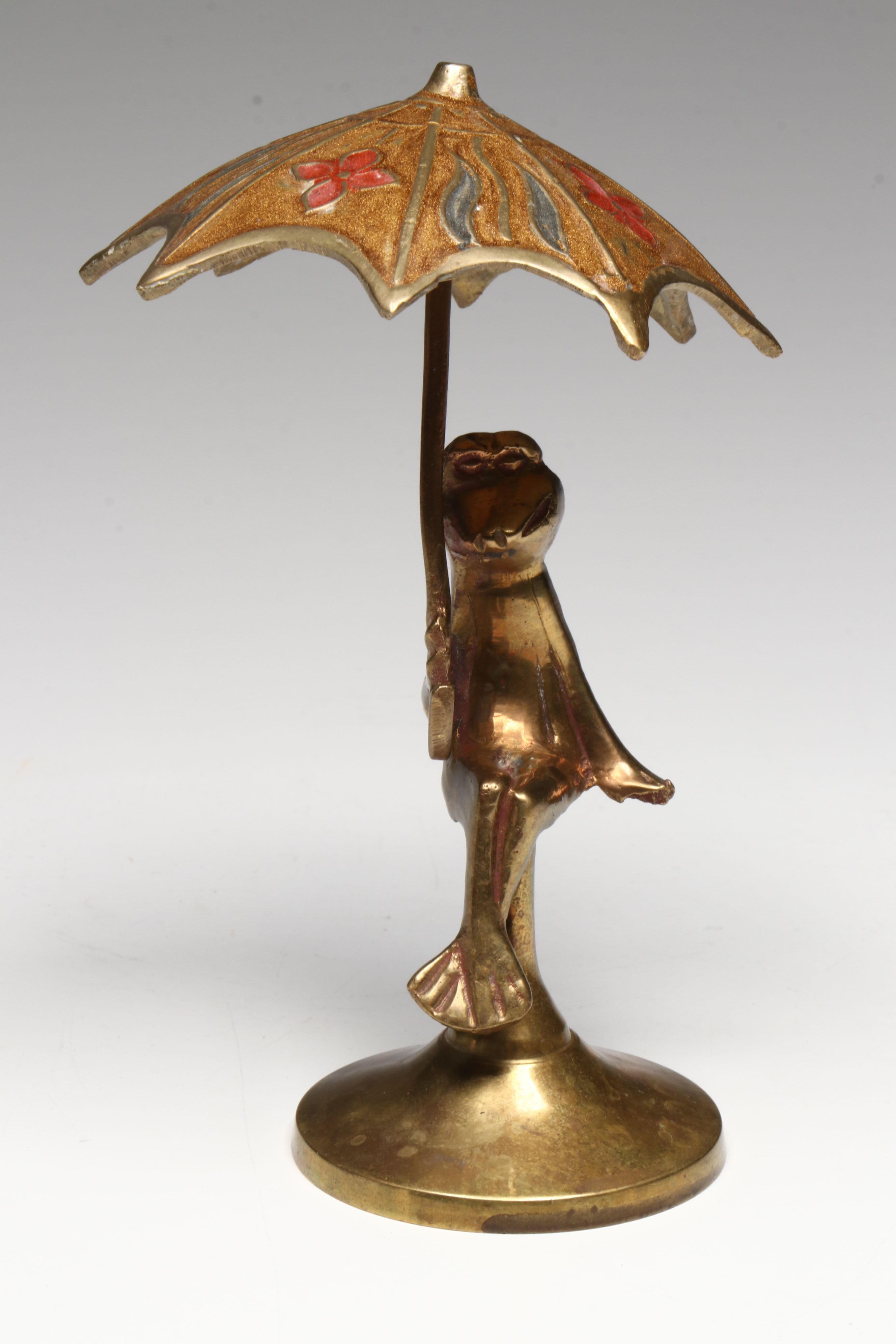 Brass Dolphin, Giraffe, and Frog with Enamel Umbrella Figurines