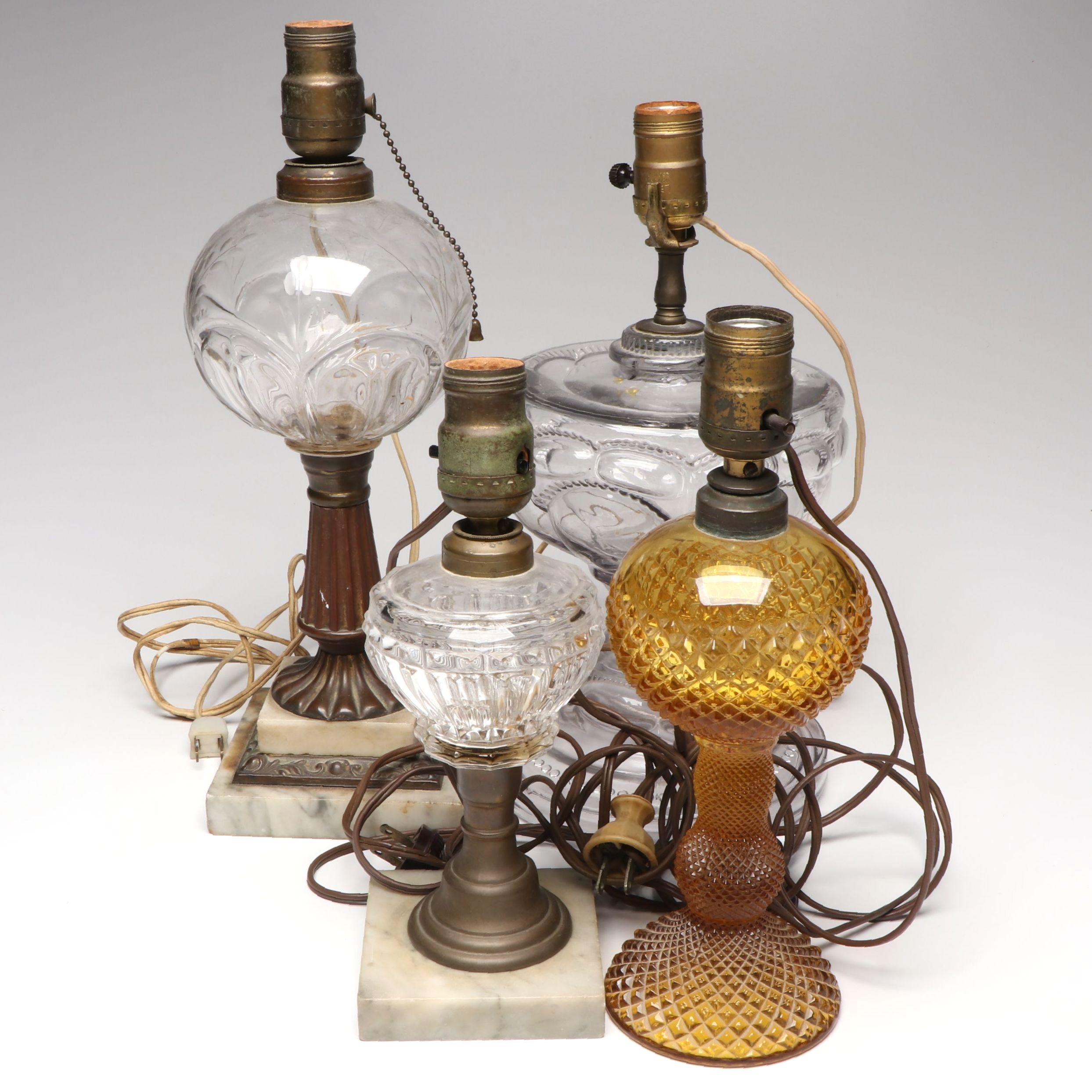 Marble Base, Amber, and More Glass Converted Oil Table Lamps