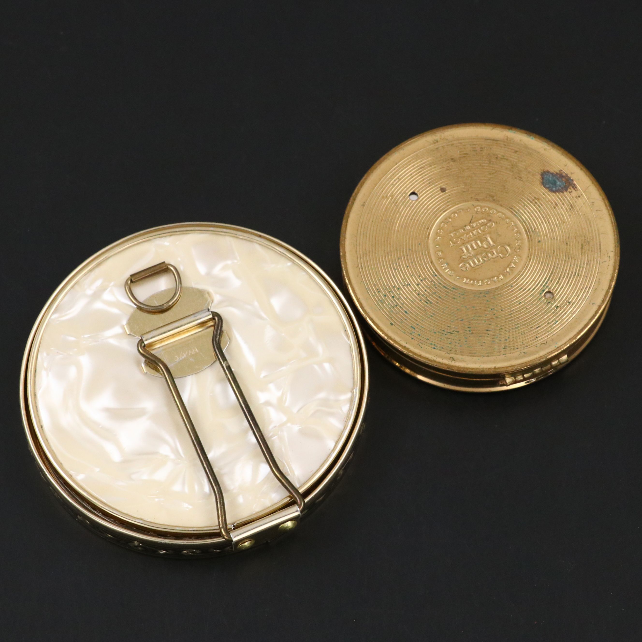 Max Factor Mother-of-Pearl and Brass Compact with Other Vintage Compact Mirror
