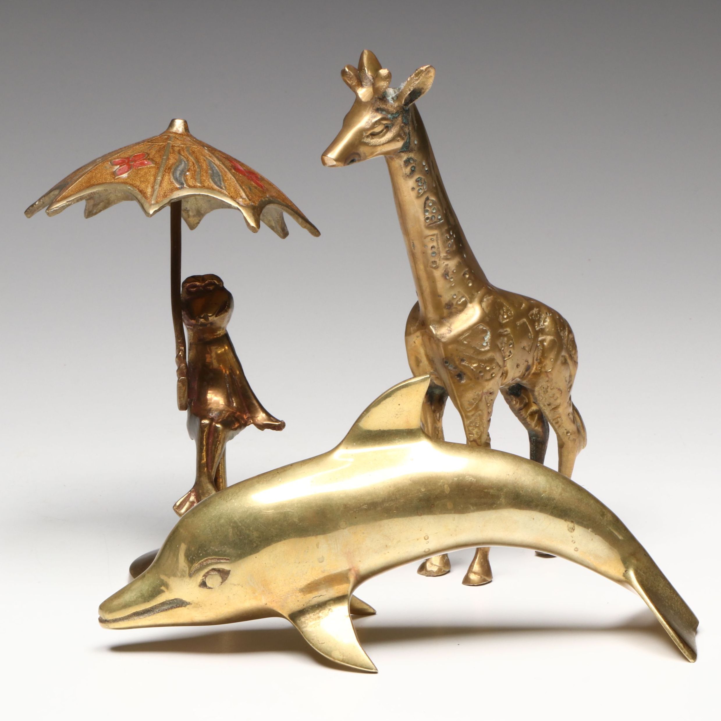 Brass Dolphin, Giraffe, and Frog with Enamel Umbrella Figurines