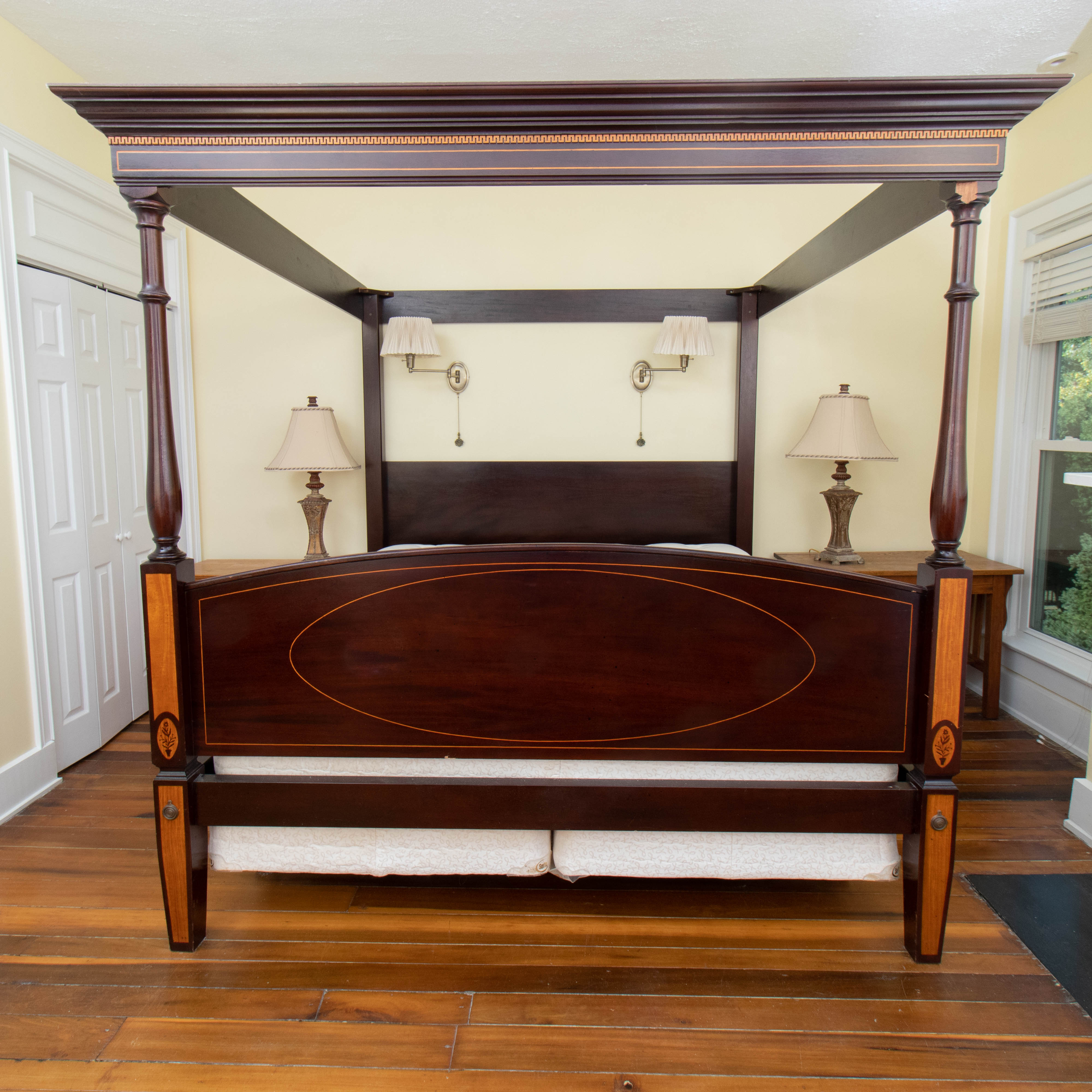 King Size Inlaid Wood Four Poster Bed Frame, Mid to Late 20th Century