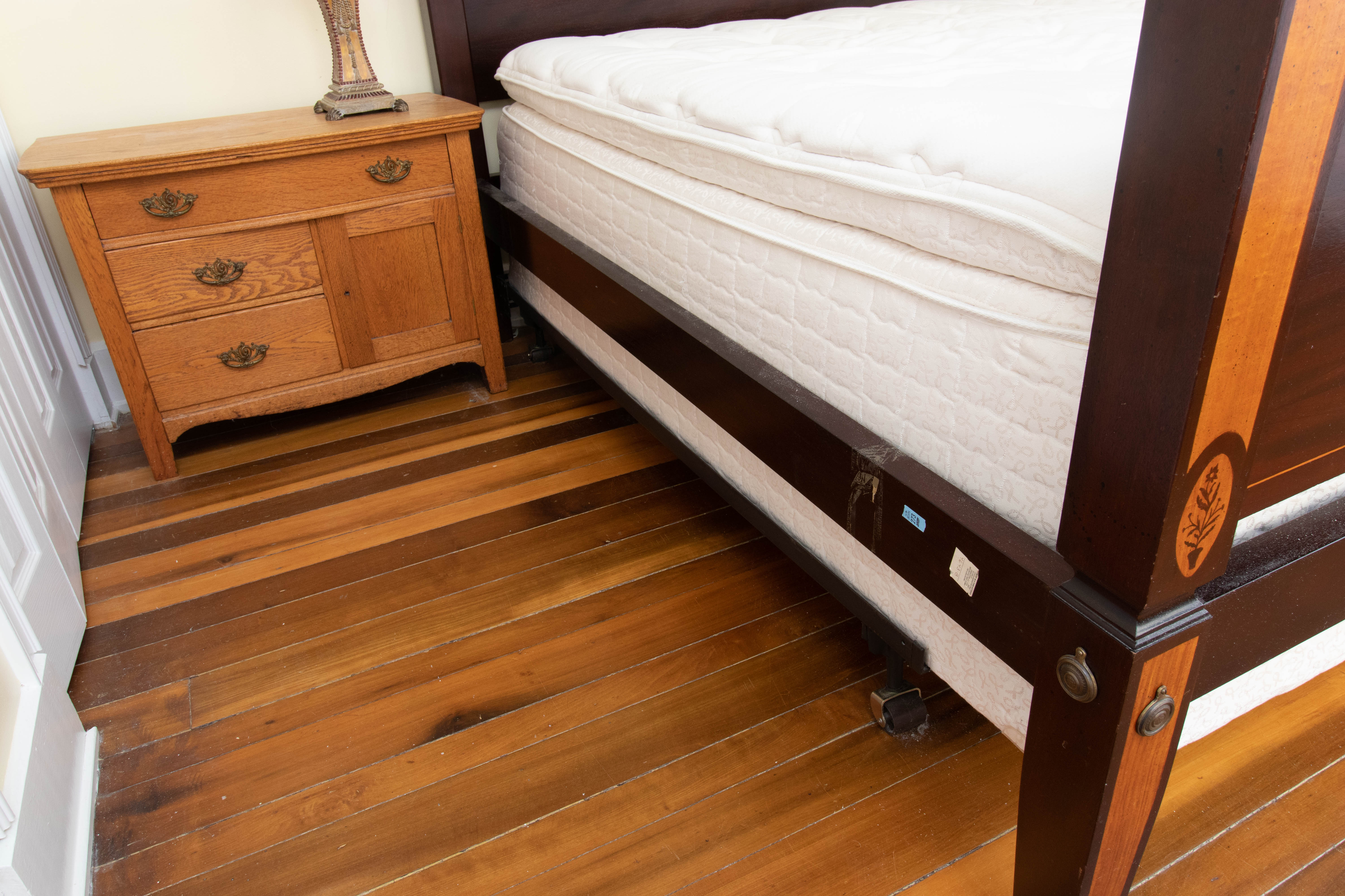 King Size Inlaid Wood Four Poster Bed Frame, Mid to Late 20th Century