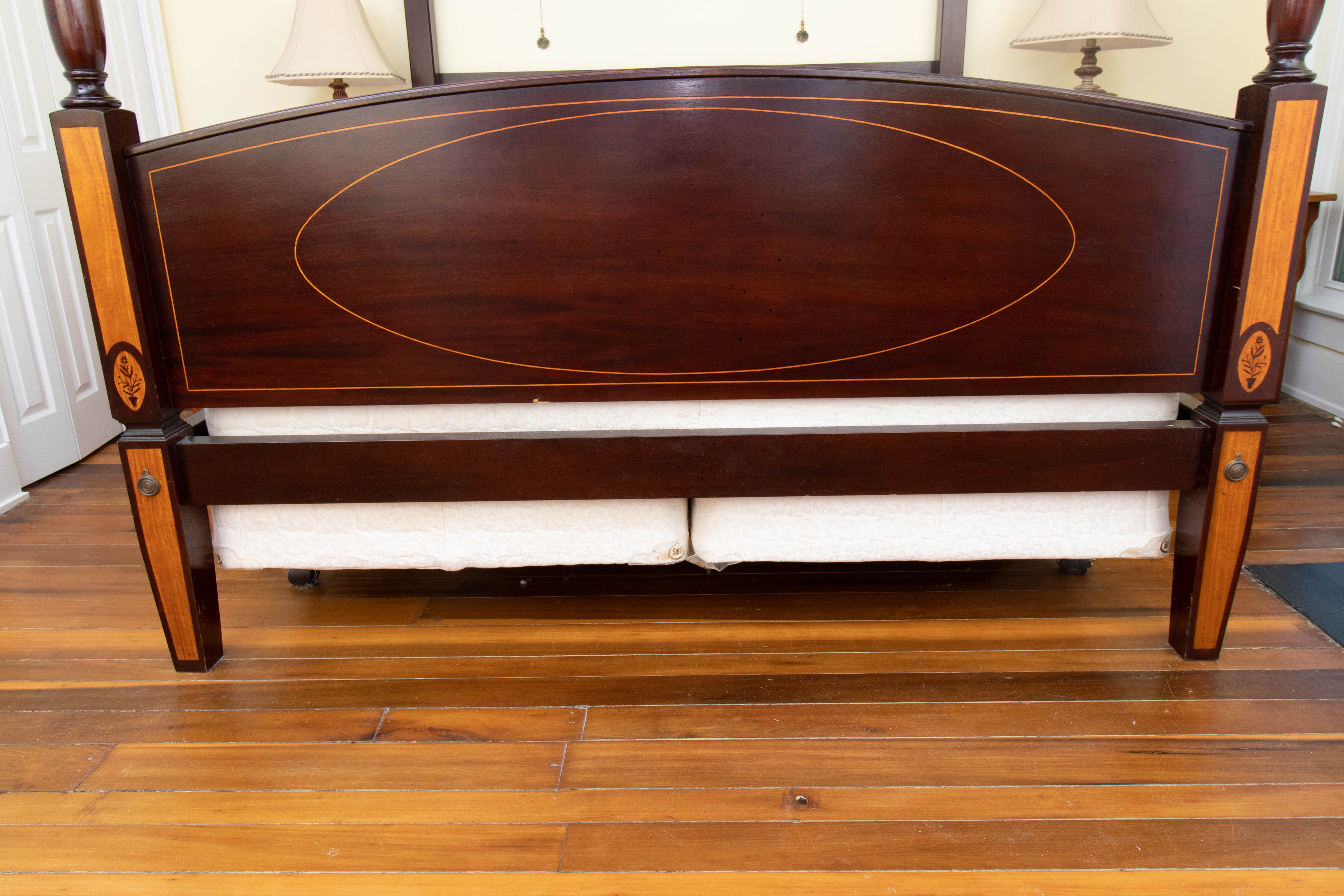 King Size Inlaid Wood Four Poster Bed Frame, Mid to Late 20th Century