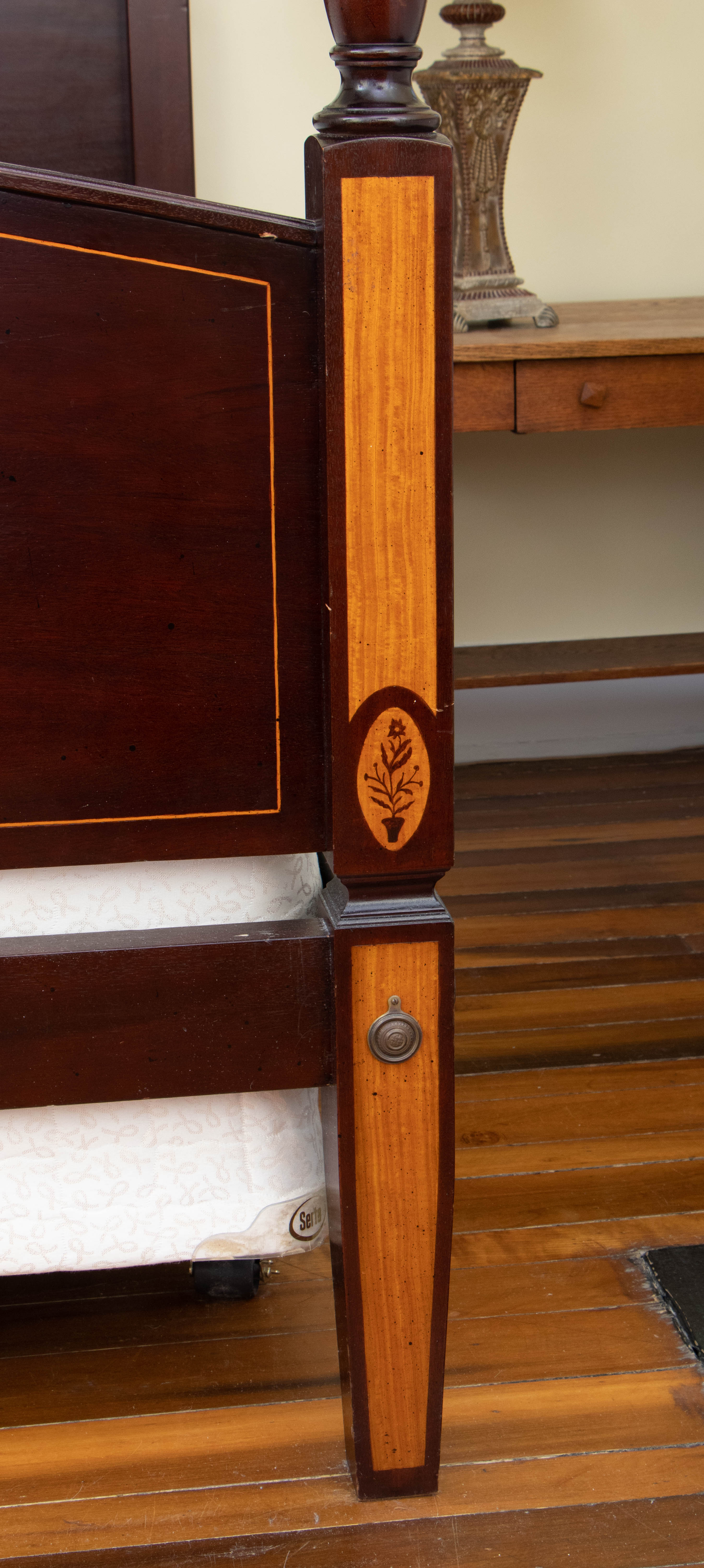 King Size Inlaid Wood Four Poster Bed Frame, Mid to Late 20th Century