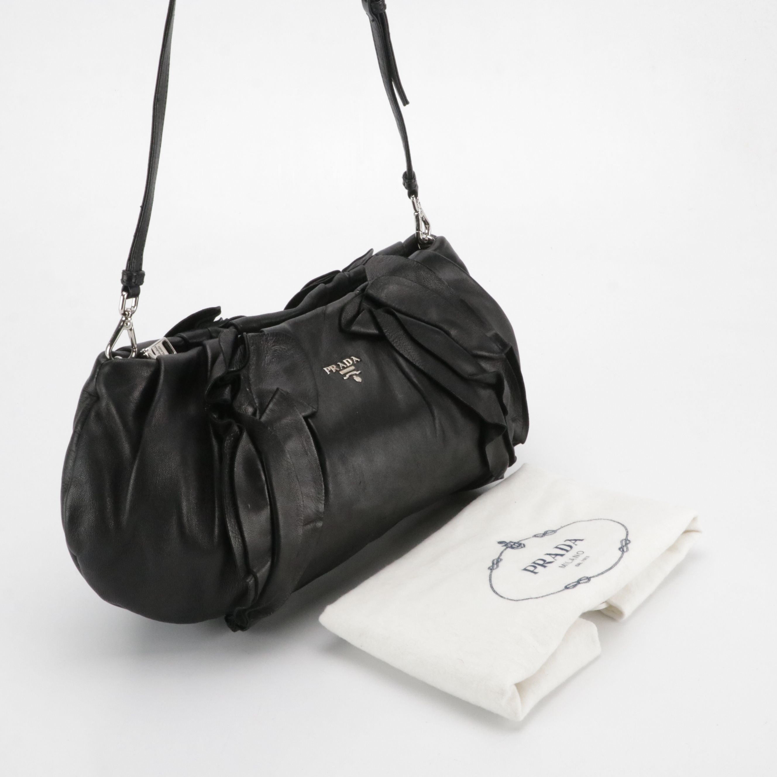 Prada Black Ruffled Lambskin Leather Shoulder Bag